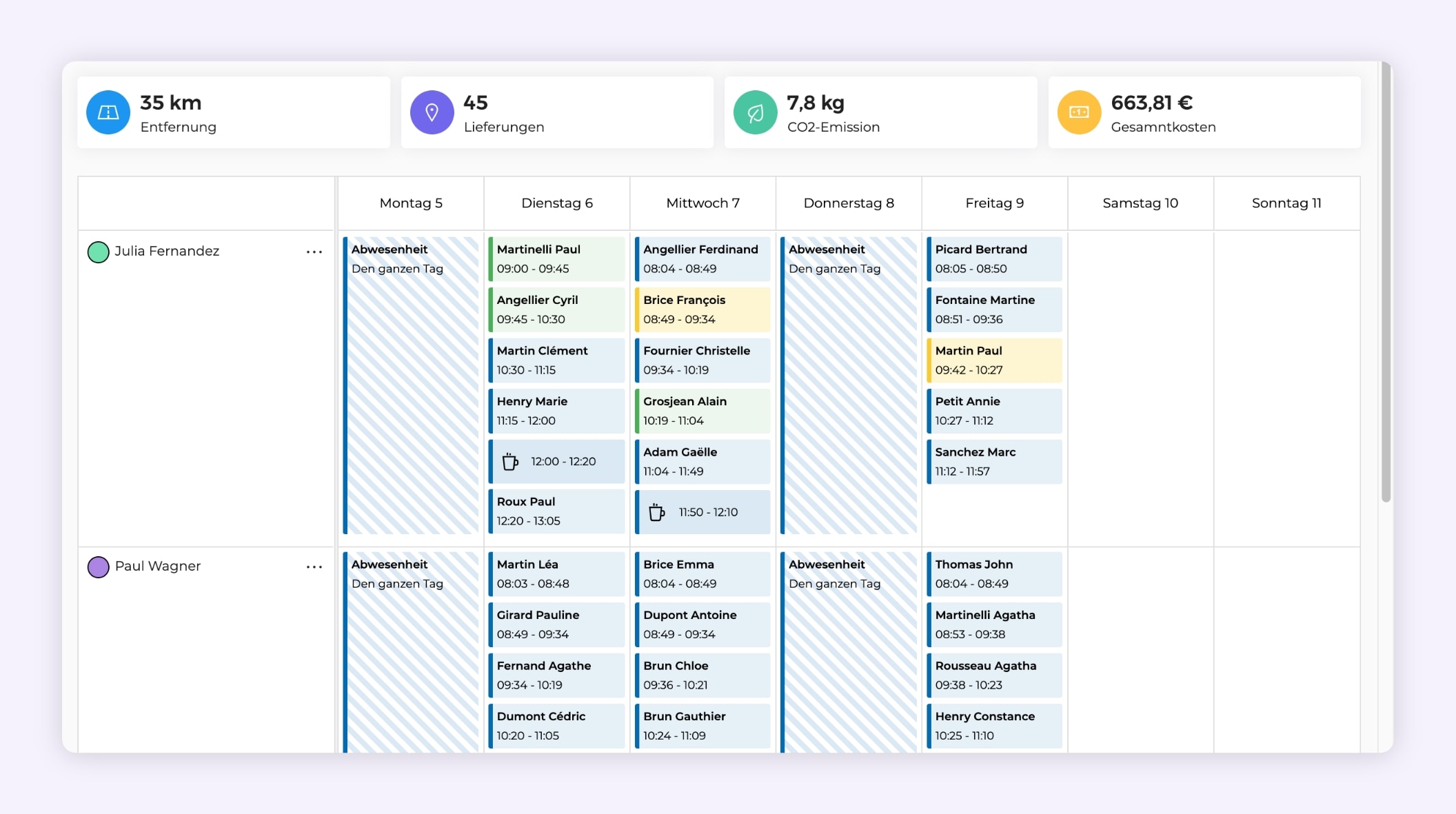 Die AntsRoute-Schnittstelle, die einen Zeitplan für Lieferungen zeigt.