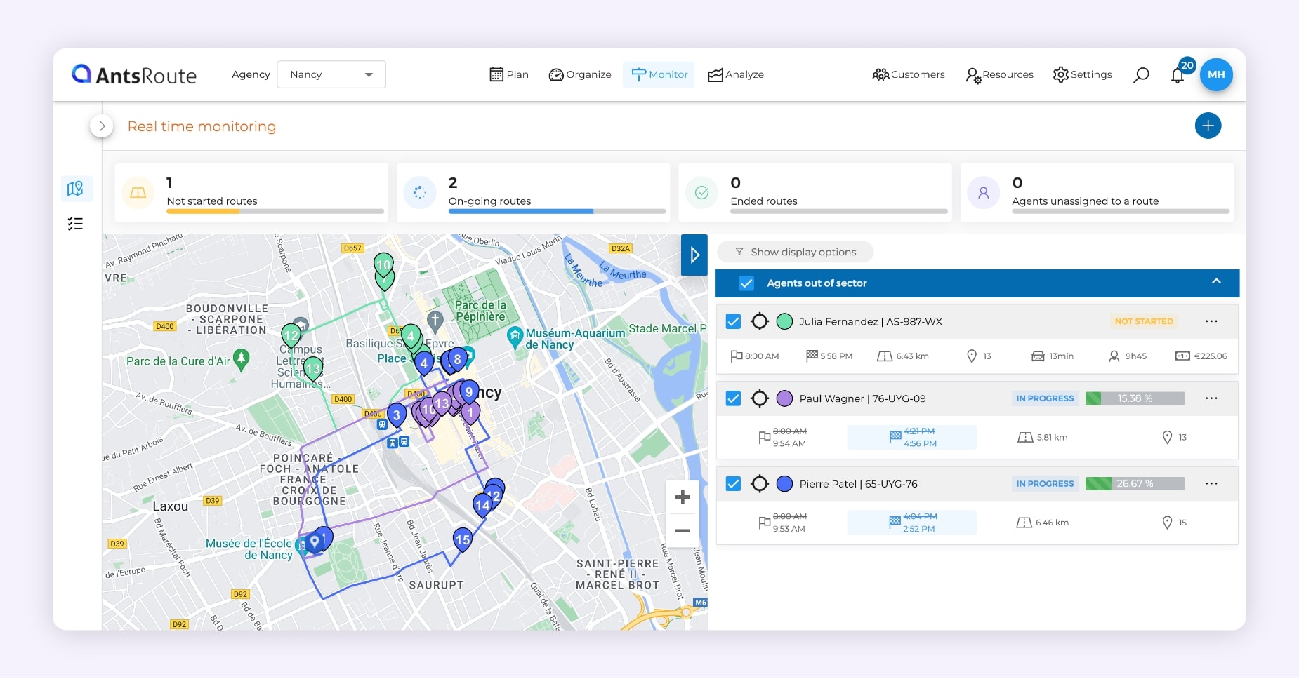 AntsRoute interface showing delivery routes on a map.