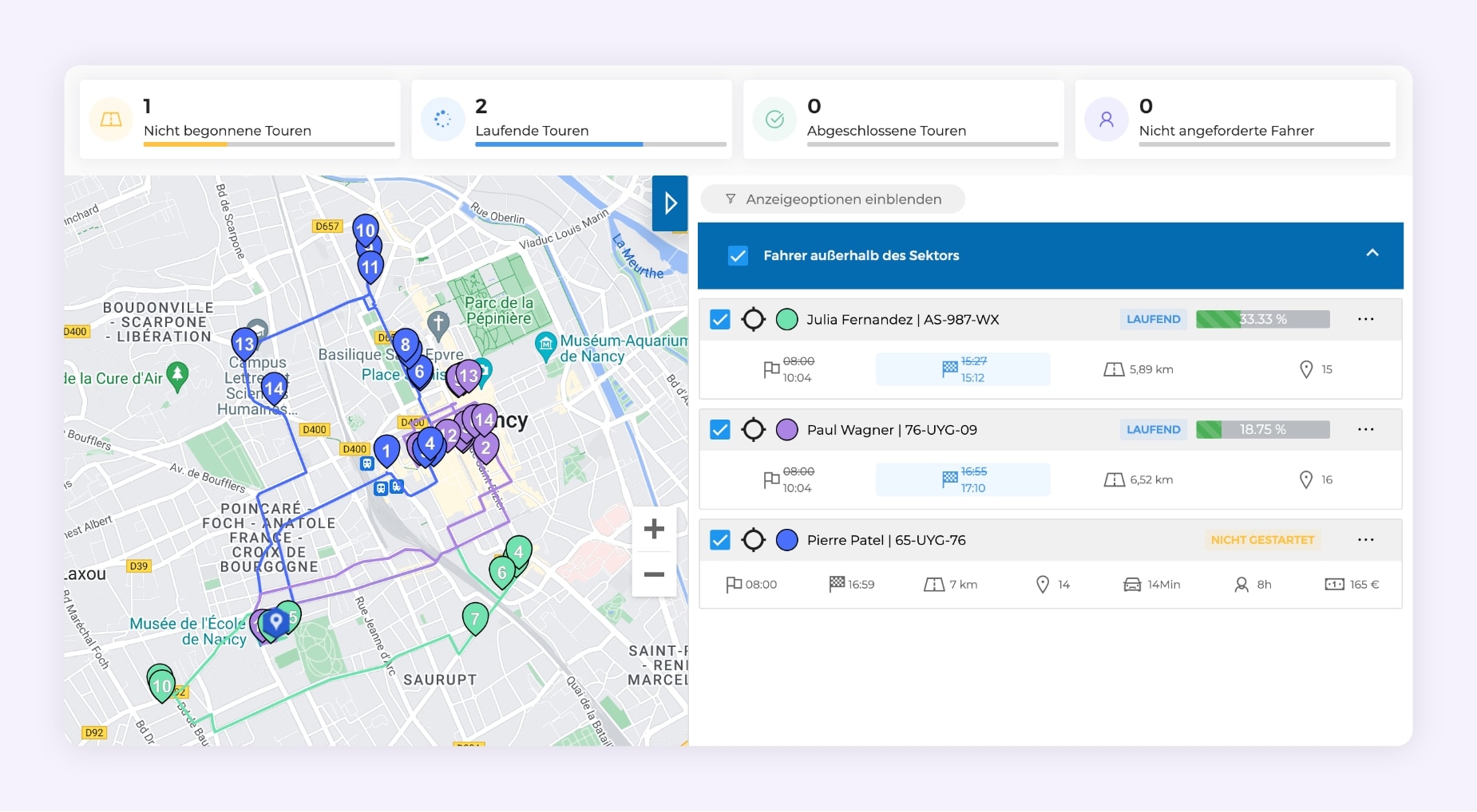 Die AntsRoute-Schnittstelle zeigt drei optimierte Liefertouren.
