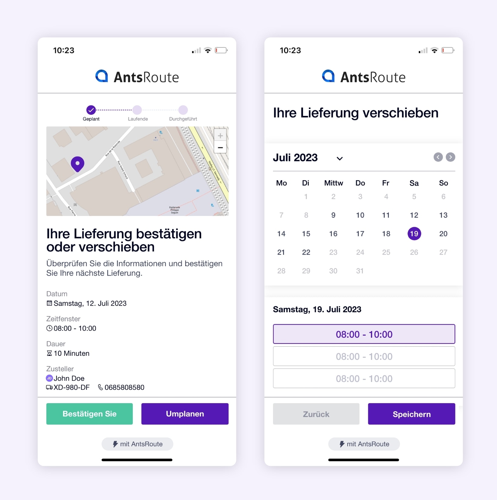 AntsRoute-Link zur Bestätigung oder Umprogrammierung einer Lieferung.