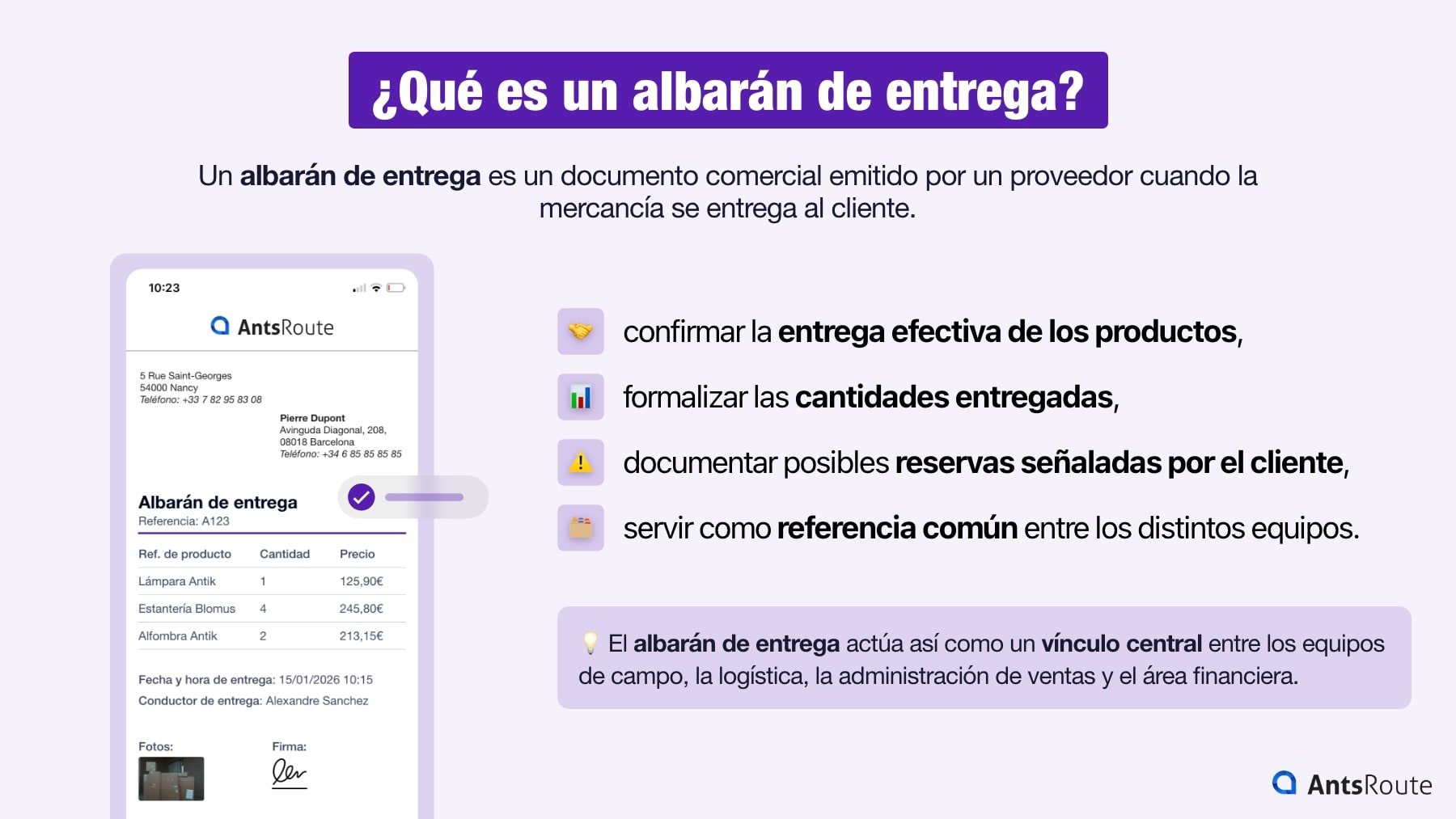 Infografía que presenta los objetivos de un albarán de entrega: confirmar la entrega de los productos, formalizar las cantidades entregadas, documentar las reservas del cliente y servir como referencia común entre los equipos.