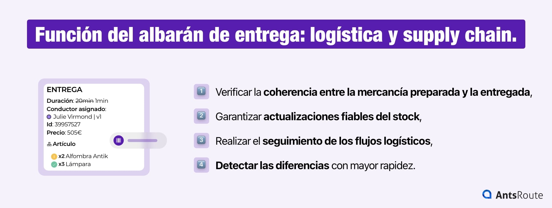 Infografía que presenta el papel del albarán de entrega en la logística y la supply chain: verificar la conformidad entre la mercancía preparada y la entregada, asegurar la fiabilidad de la actualización de los stocks, trazar los flujos logísticos y detectar las desviaciones con mayor rapidez.