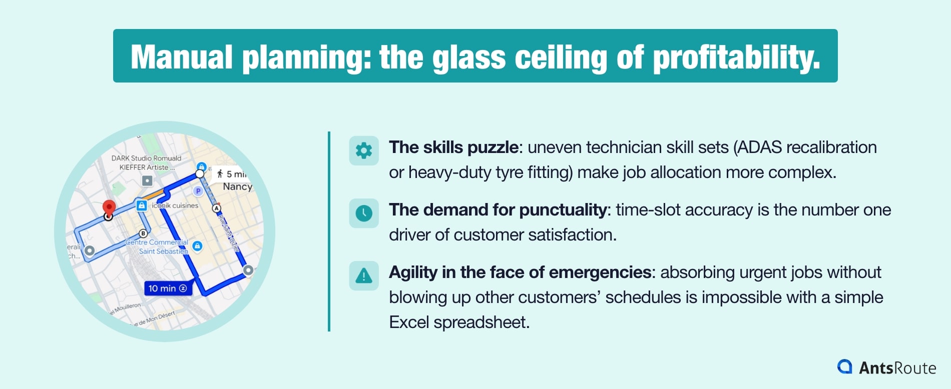 Infographic highlighting the limits of manual planning for tyre and windscreen operations: the skills puzzle, the demand for punctuality, and agility in the face of emergencies.