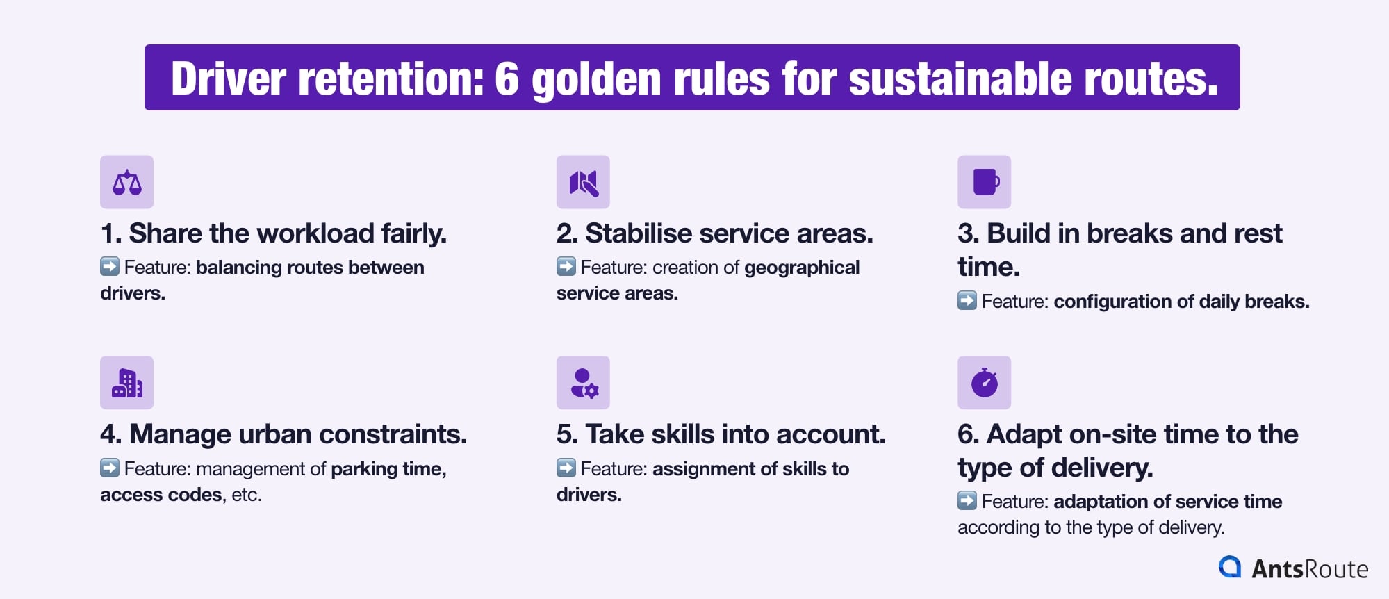 Infographic showing the six golden rules for sustainable routes to improve working conditions and driver retention.