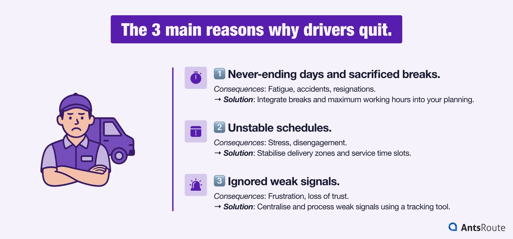 Infographic titled “Why Do Drivers Leave?” showing three main causes: long working days, unstable schedules, and ignored weak signals - each illustrated with a simple, colourful icon.
