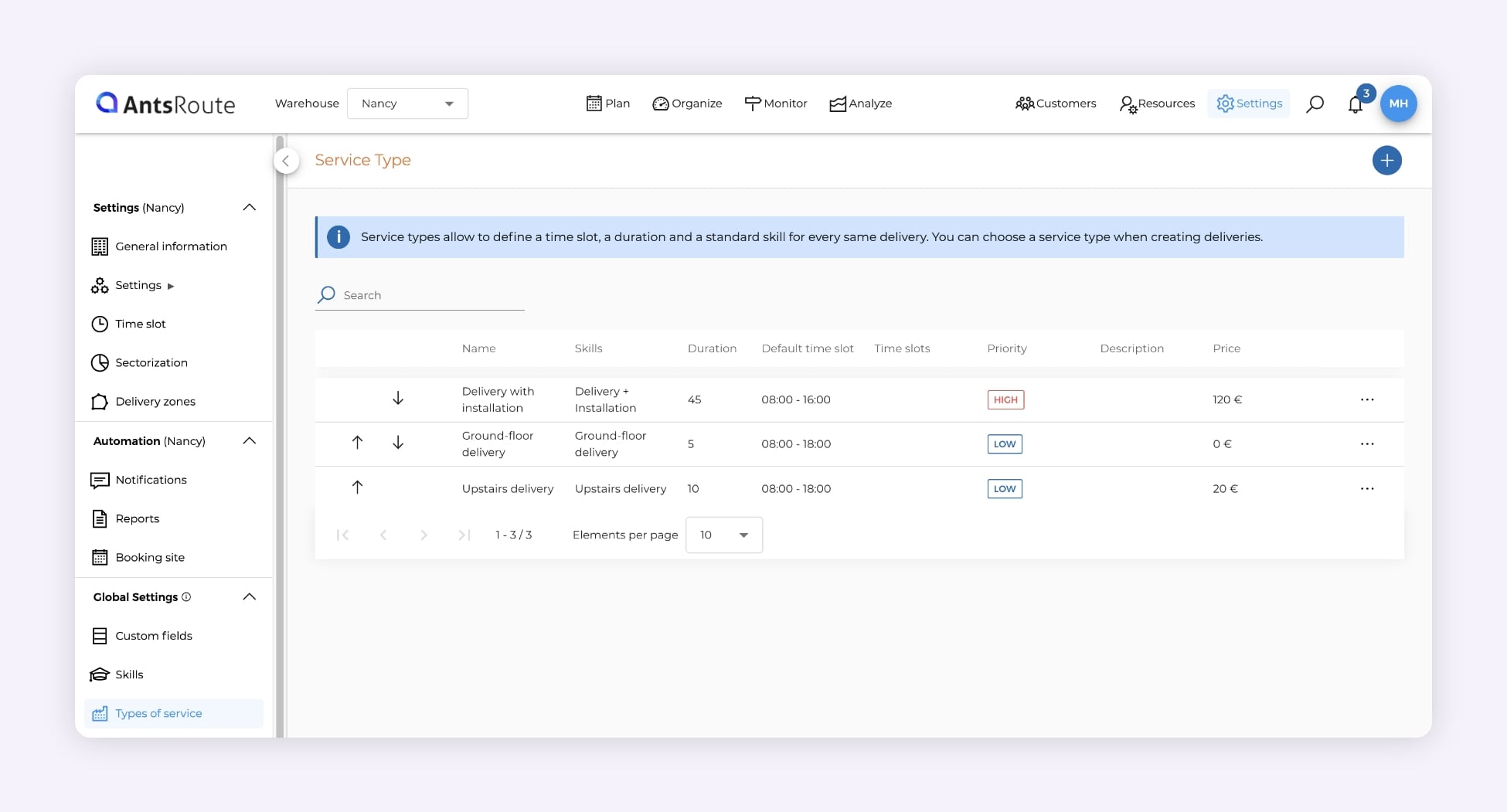 Screenshot of AntsRoute showing the creation of three delivery types with a configured service duration for each.