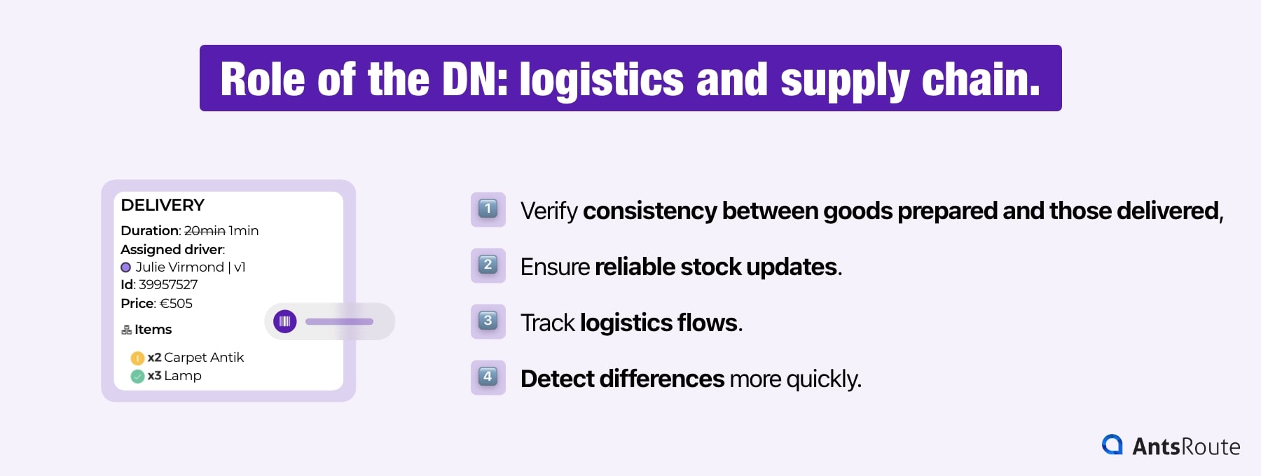 Infographic illustrating the role of the delivery note in logistics and the supply chain: verifying consistency between prepared and delivered goods, ensuring reliable stock updates, tracking logistics flows, and detecting discrepancies more quickly.