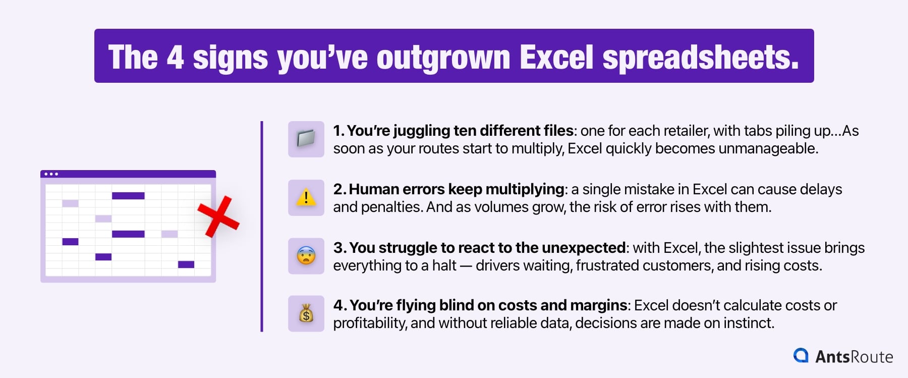 Diagram showing the four signs that you’ve reached Excel’s limits for managing your transport routes.