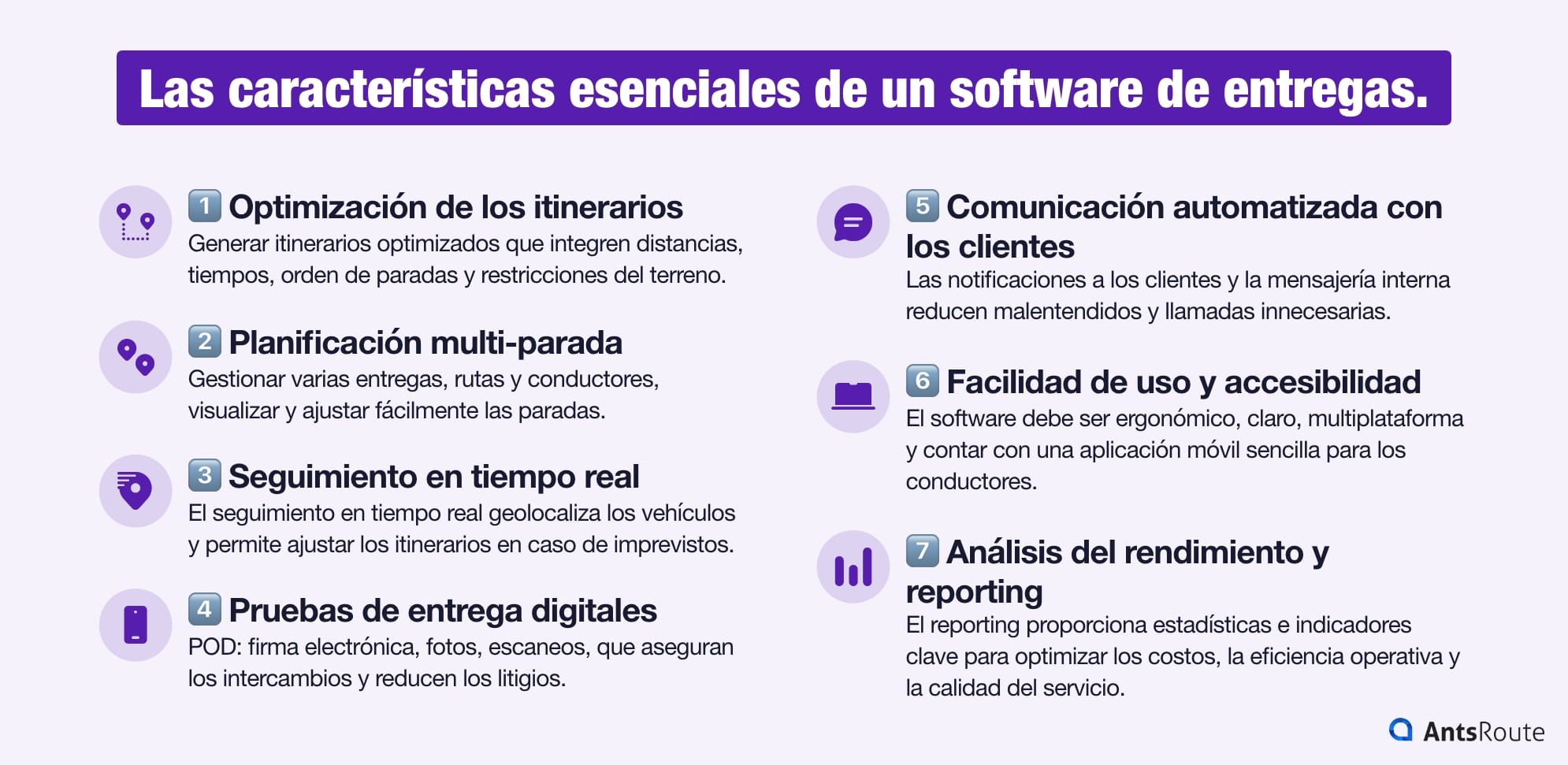 Infografía que presenta las funcionalidades de una herramienta gratuita de planificación de rutas: optimización avanzada de los itinerarios, creación de rutas con múltiples paradas, seguimiento en tiempo real, etc., ilustradas con iconos y breves descripciones.