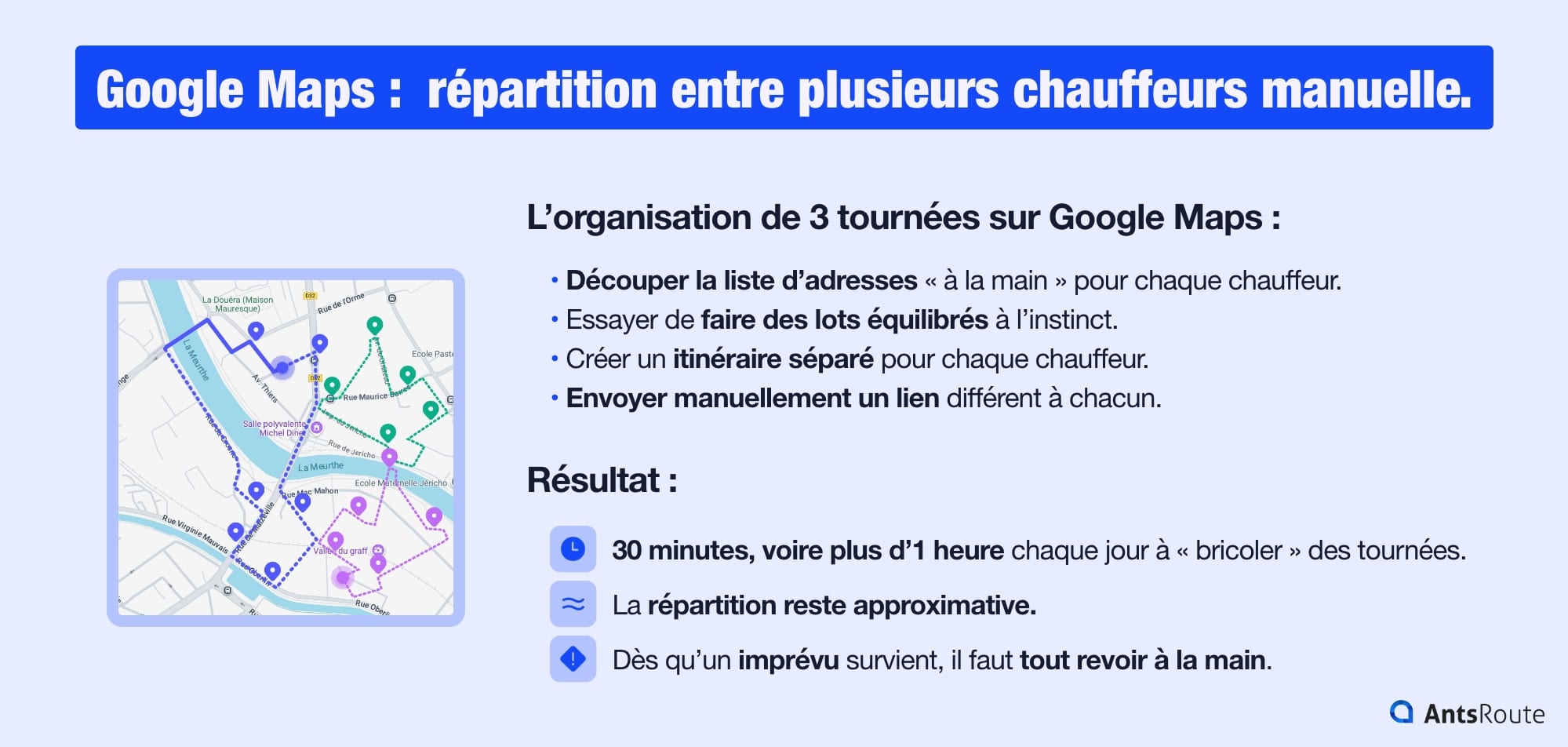 Infographie montrant comment organiser des tournées pour trois chauffeurs sur Google Maps.