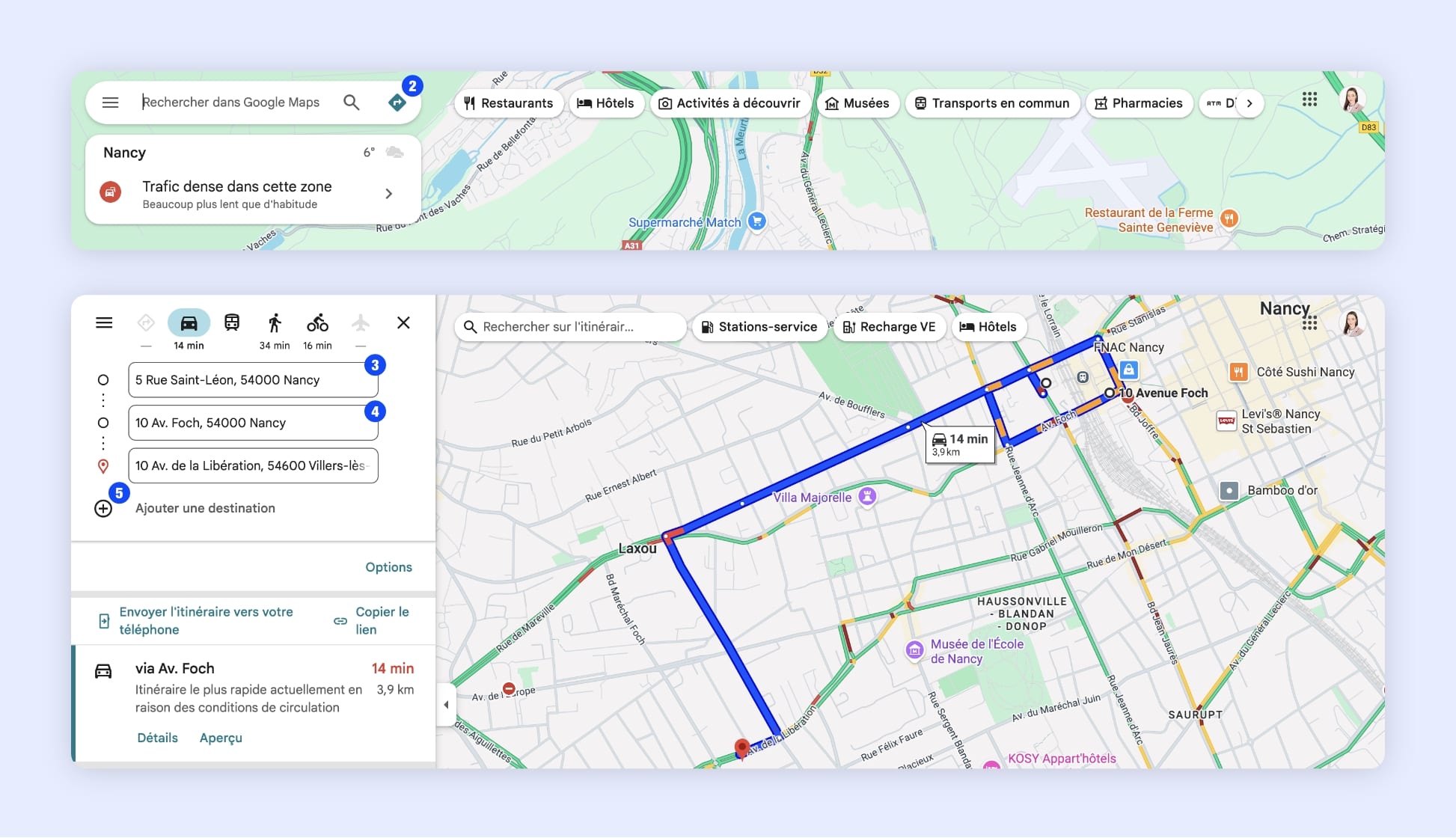 L’interface de Google Maps affichant les différentes étapes de création d’un itinéraire comportant plusieurs arrêts, représentés par des cercles bleus numérotés selon l’ordre des étapes.