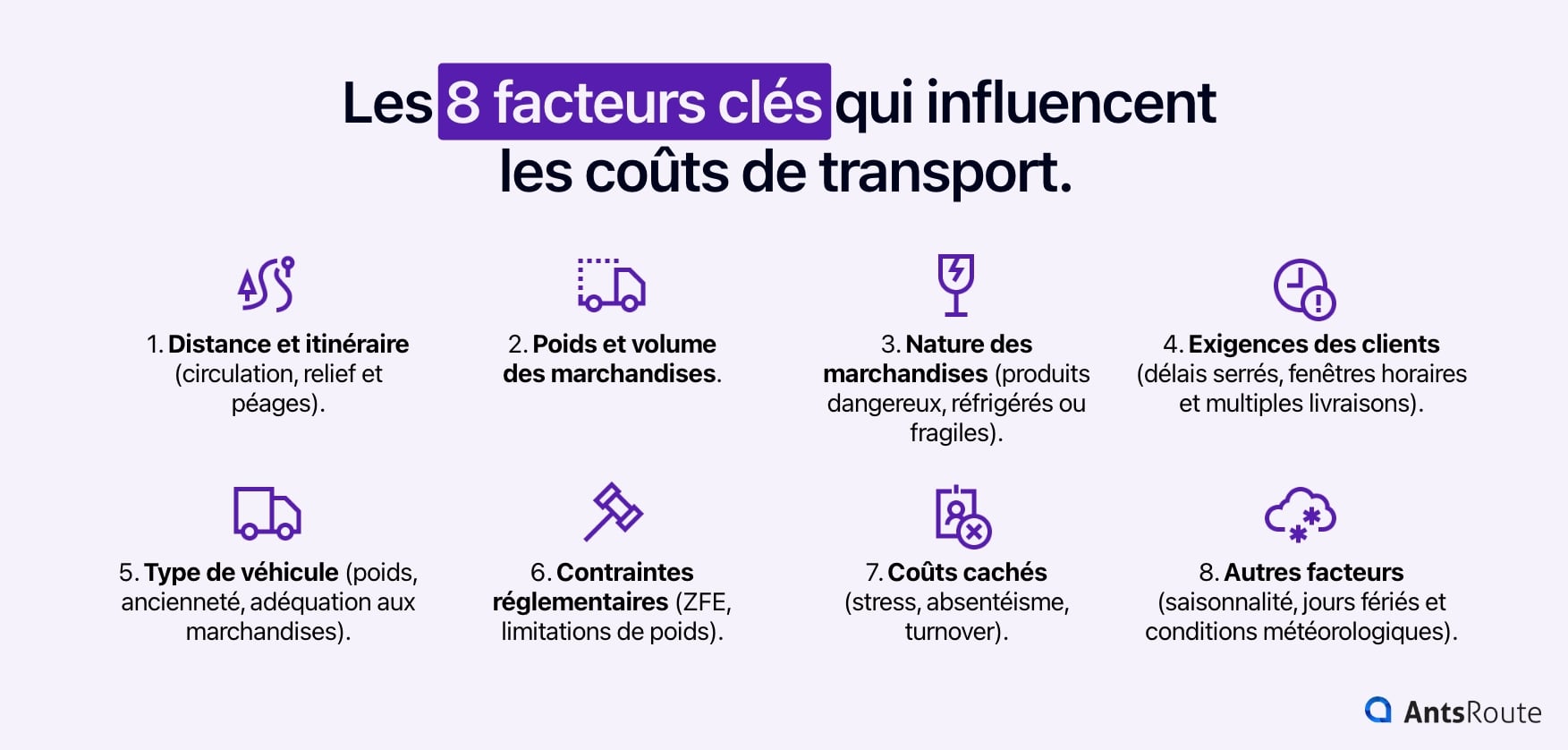 Schéma présentant les 8 facteurs clés qui influencent les coûts de transport.