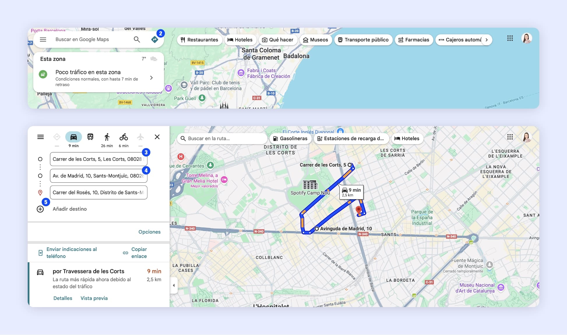 La interfaz de Google Maps que muestra las diferentes etapas de creación de un itinerario con varias paradas, representadas por círculos azules numerados según el orden de las etapas.