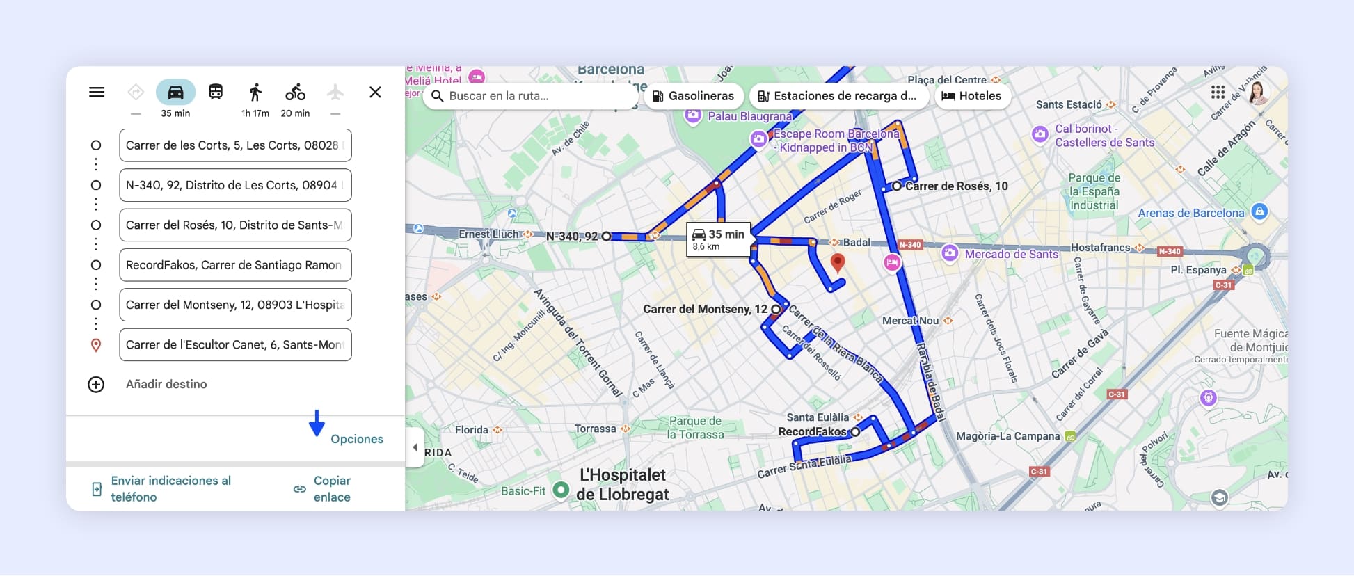 La interfaz de Google Maps que muestra el uso compartido de un itinerario en Barcelona.