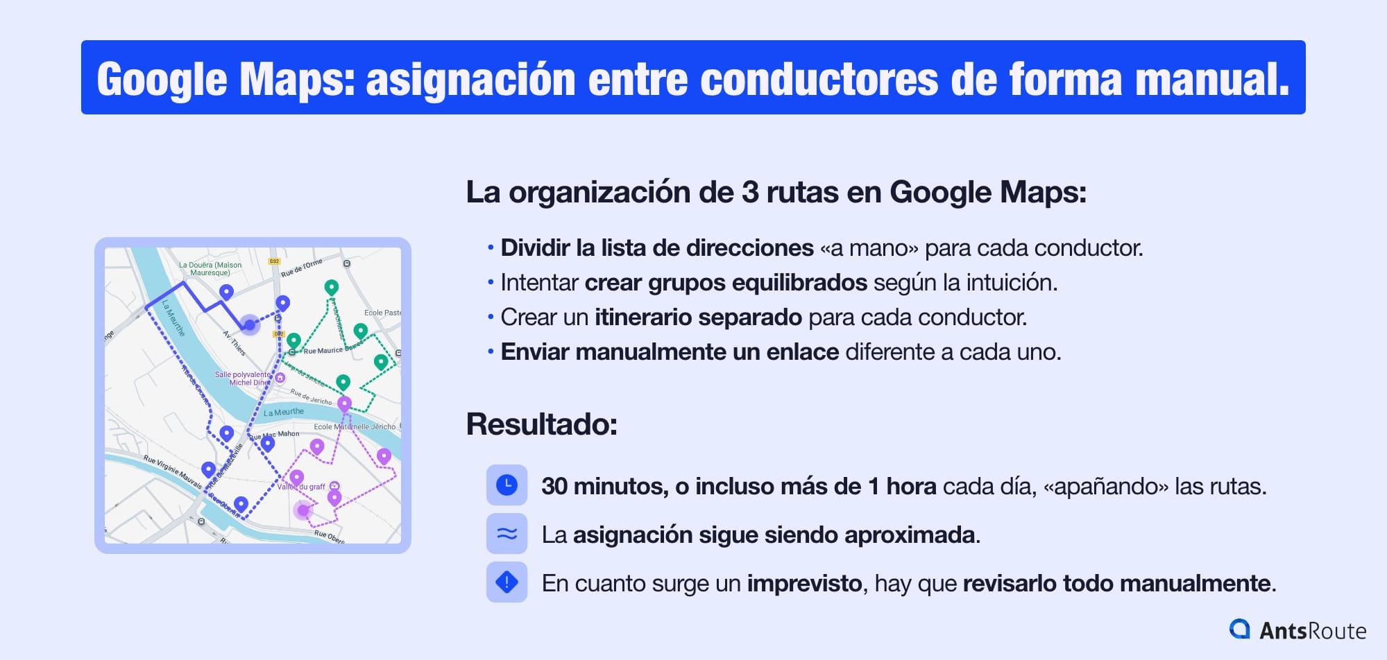 Infografía que muestra cómo organizar rutas para tres conductores en Google Maps.