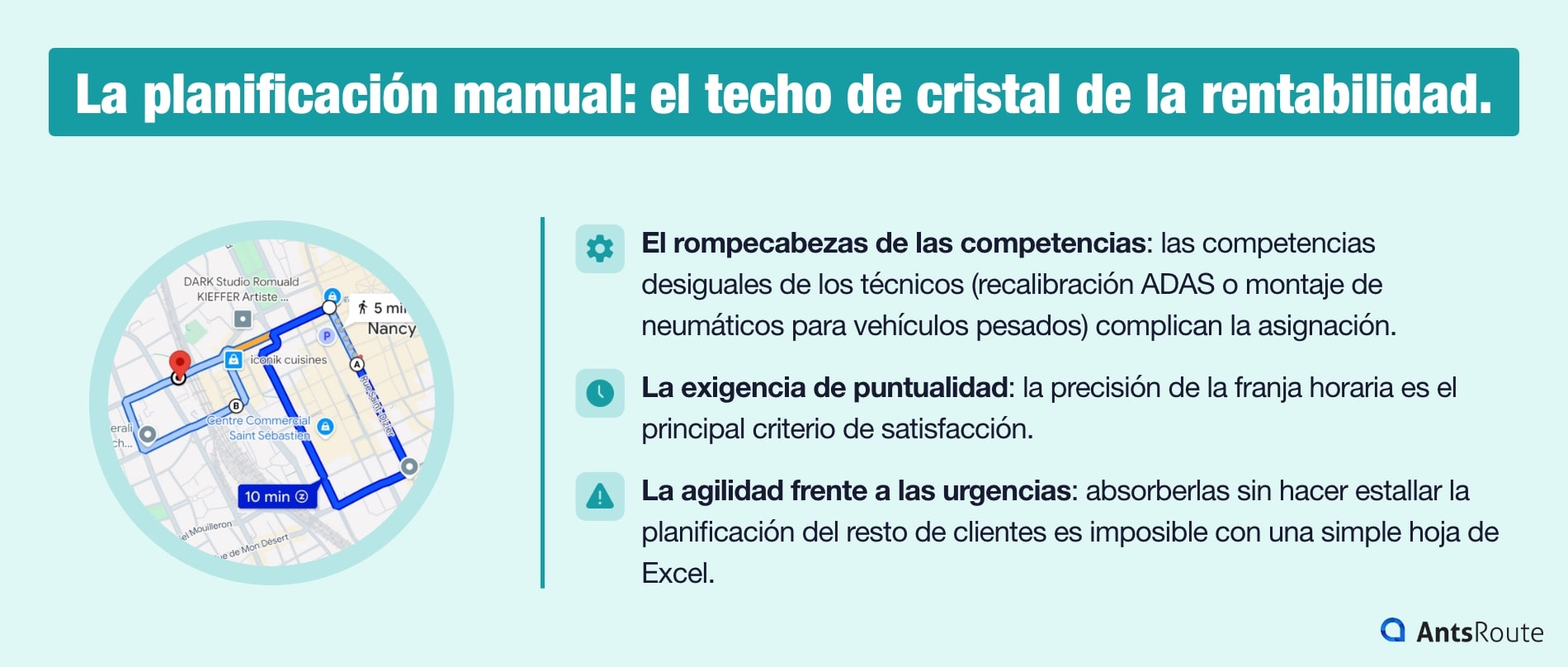 Infografía que presenta los límites de la planificación manual de las actividades de neumáticos y lunas: el rompecabezas de las competencias, la exigencia de puntualidad y la agilidad frente a las urgencias.