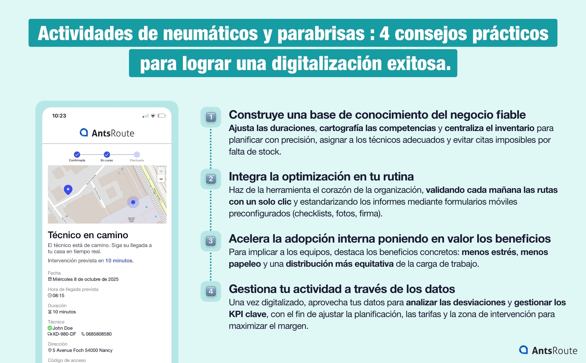 Infografía que presenta los 4 consejos prácticos para digitalizar con éxito las actividades de neumáticos y lunas: base de conocimiento del negocio fiable, integración de la optimización en la rutina diaria, adopción interna poniendo en valor los beneficios, gestión de la actividad a través de los datos.