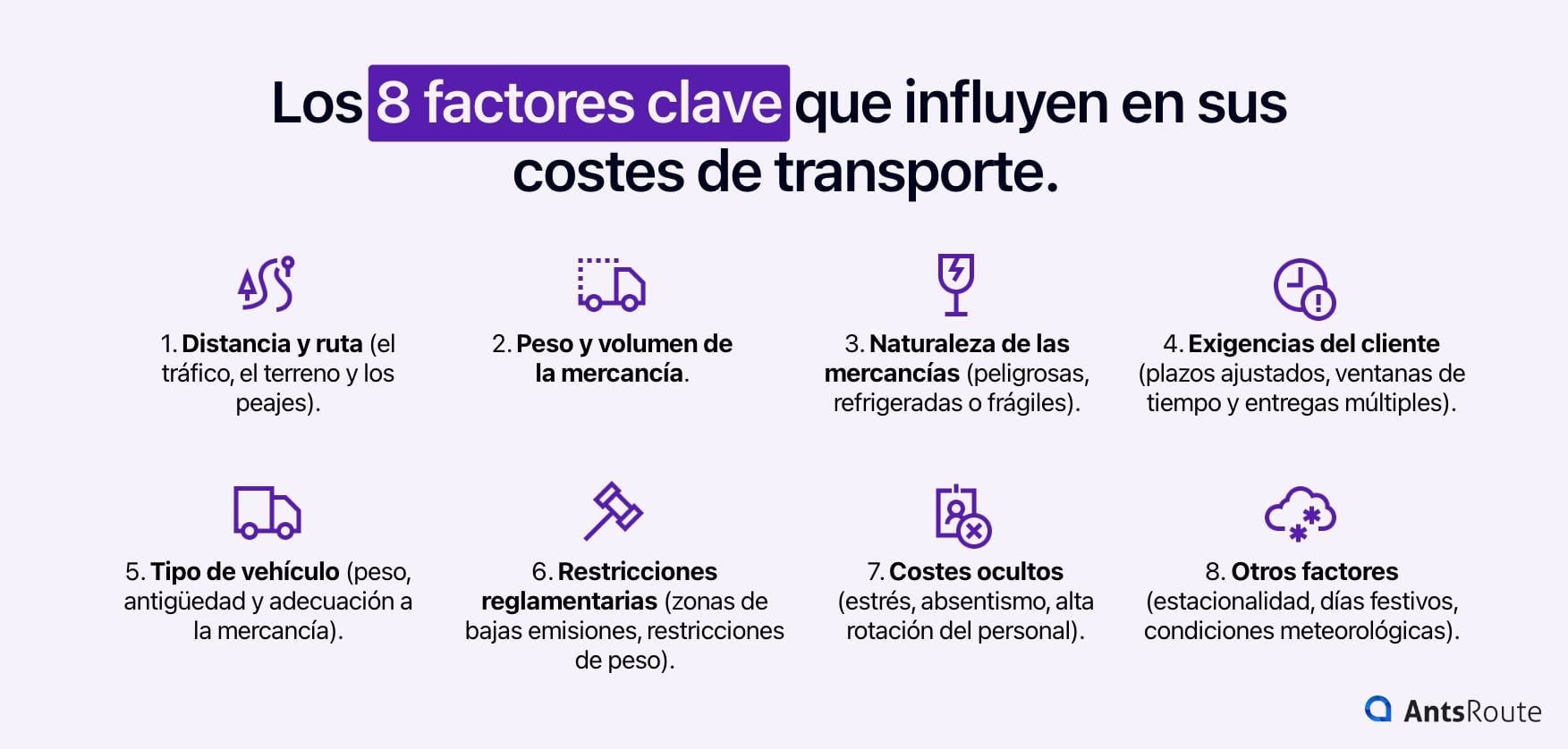 Diagrama que muestra los 8 factores clave que influyen en los costes de transporte.