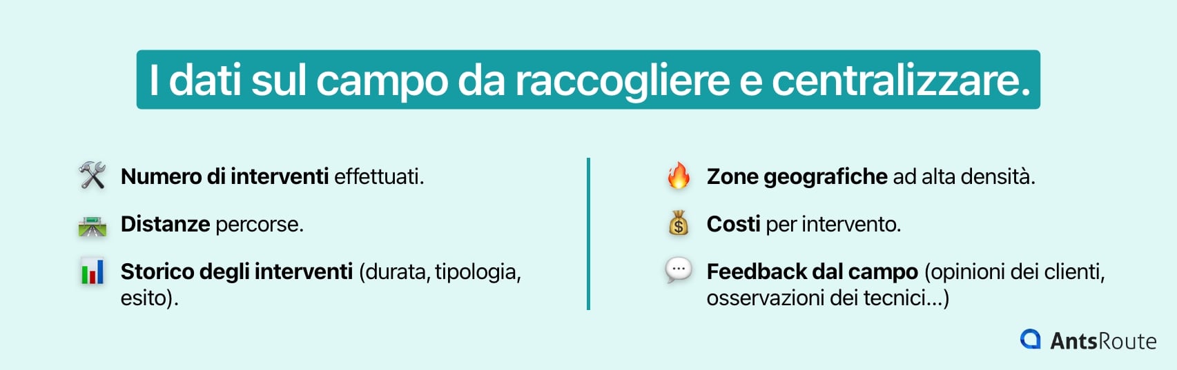 Schema che presenta i dati delle operazioni sul campo da raccogliere e centralizzare.