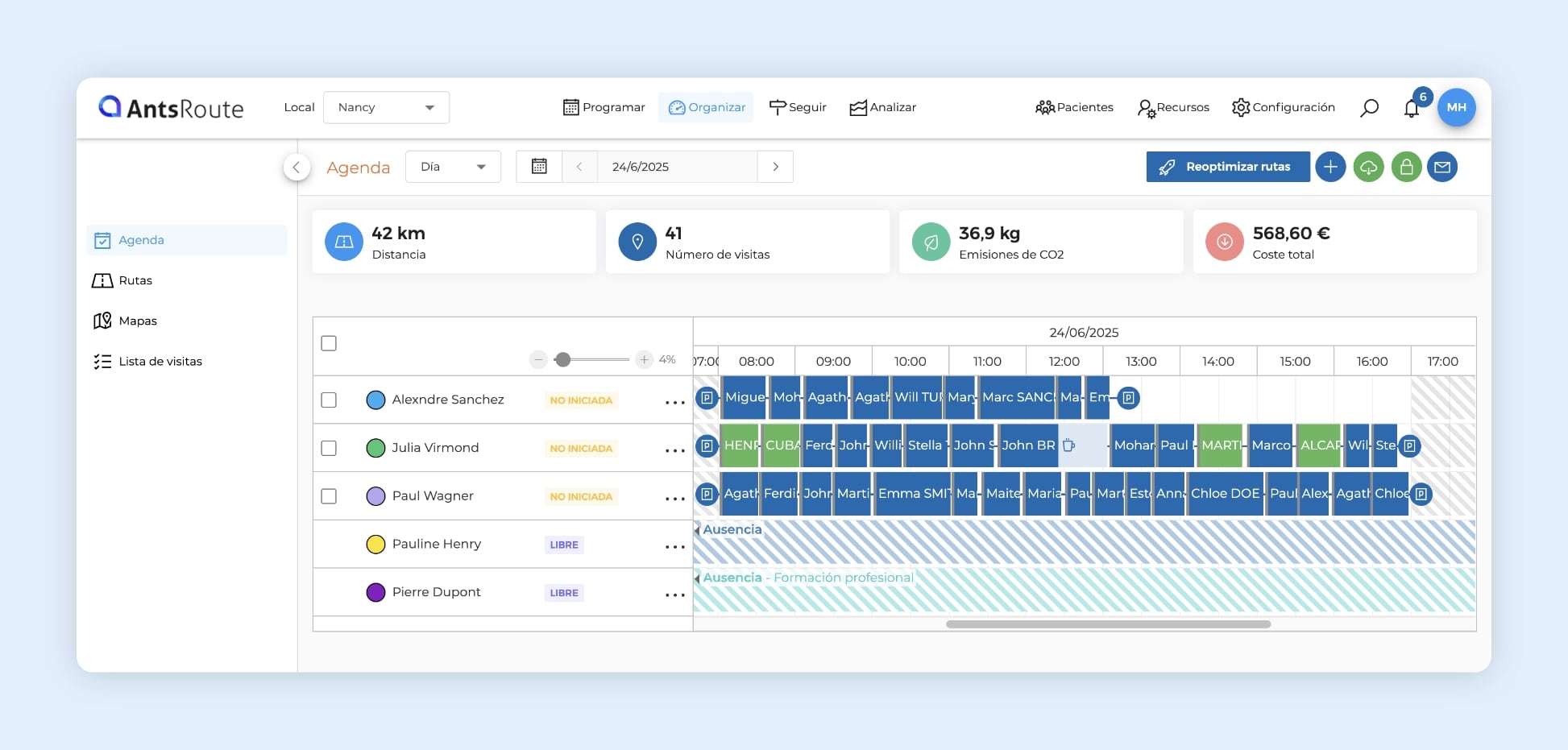 La interfaz del software AntsRoute mostrando la planificación diaria de 3 enfermeras a domicilio.