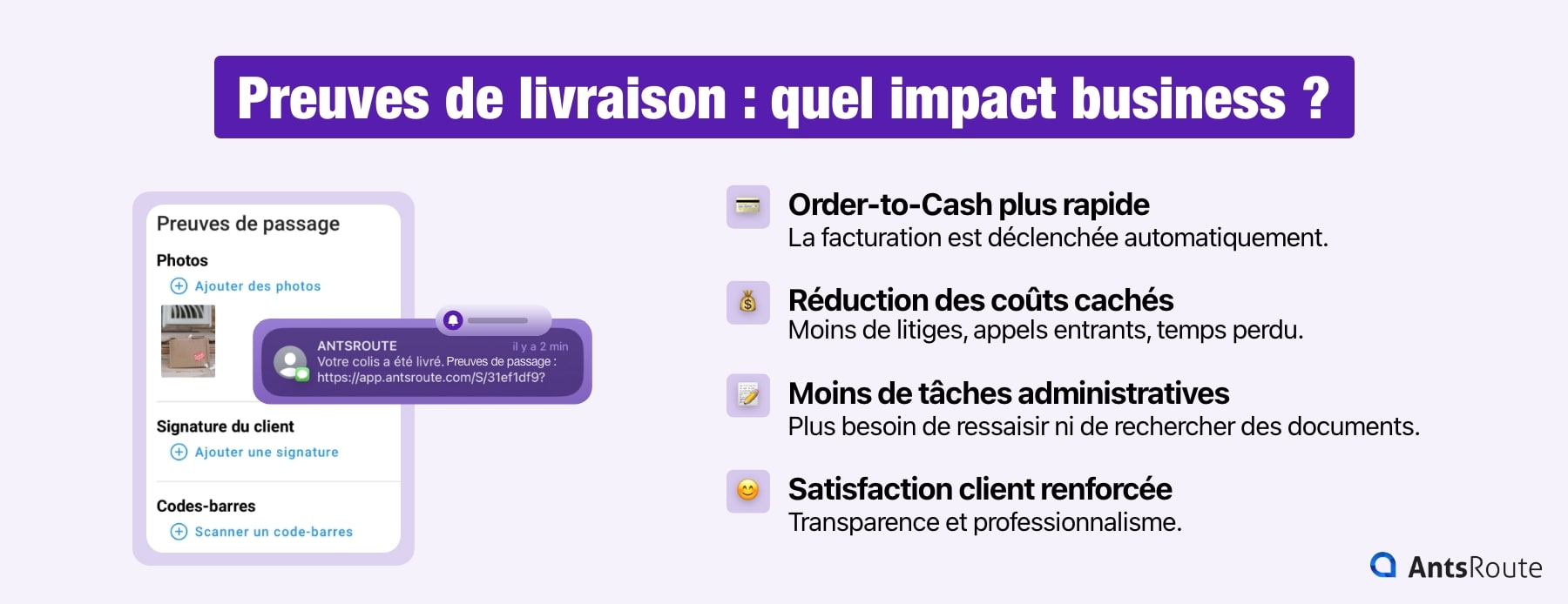 Infographie présentant l’impact des preuves de livraison sur le business : order-to-Cash plus rapide, réduction des coûts cachés, moins de tâches administratives, satisfaction client renforcée.