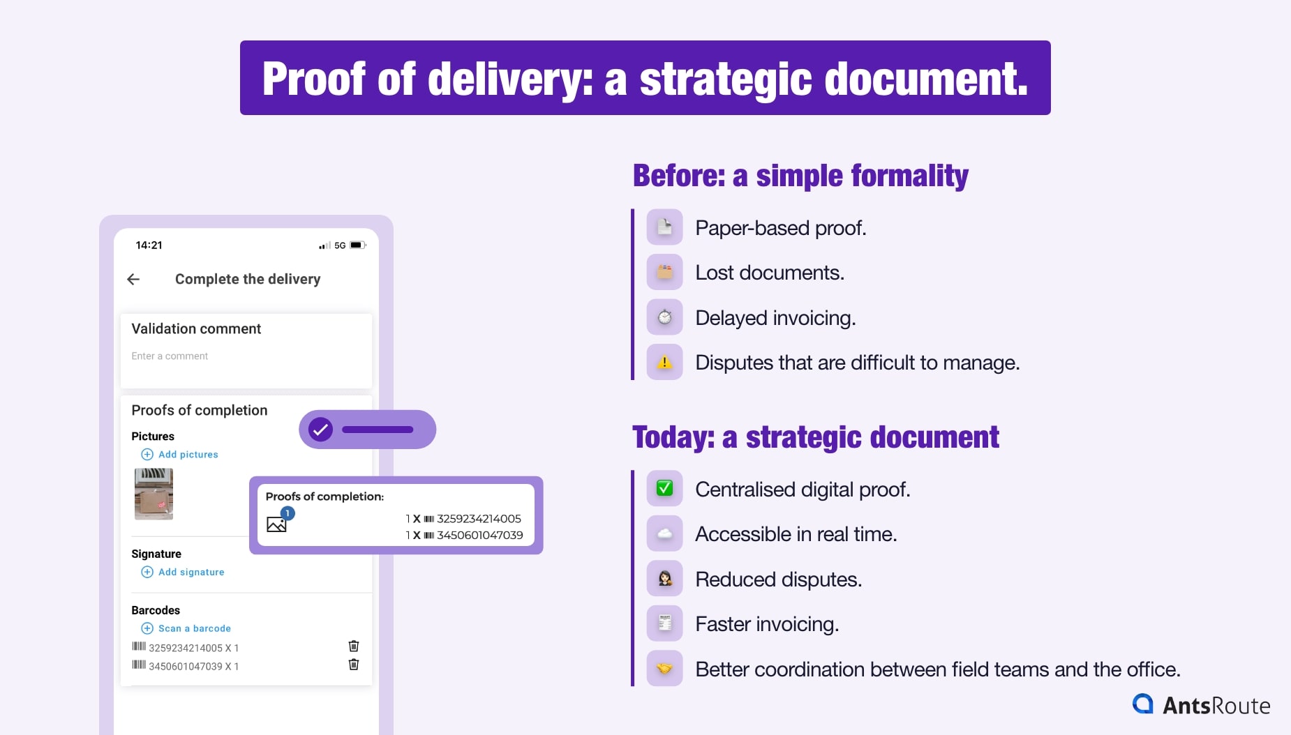 Infographic showing the evolution of proof of delivery, from a paper-based administrative formality to a strategic digital document, enabling real-time access, reduced disputes and faster invoicing.