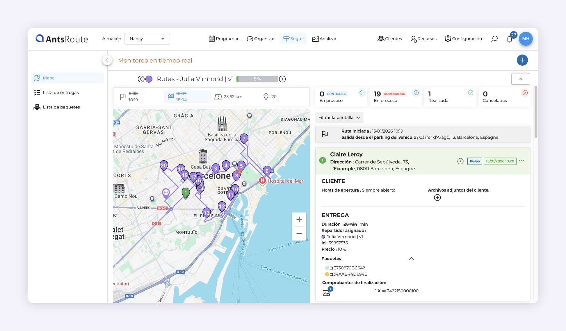 El acceso a las pruebas de entrega desde la interfaz web de AntsRoute.