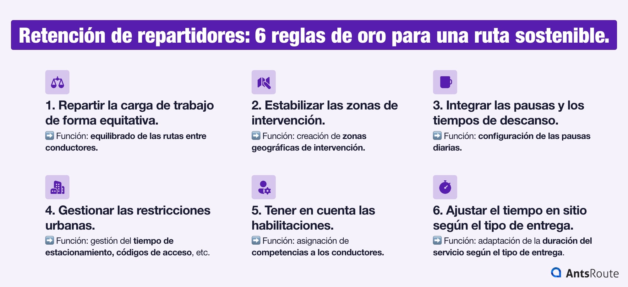 Infografía que presenta las seis reglas de oro de una ruta sostenible para mejorar las condiciones de trabajo y la retención de los conductores-repartidores.