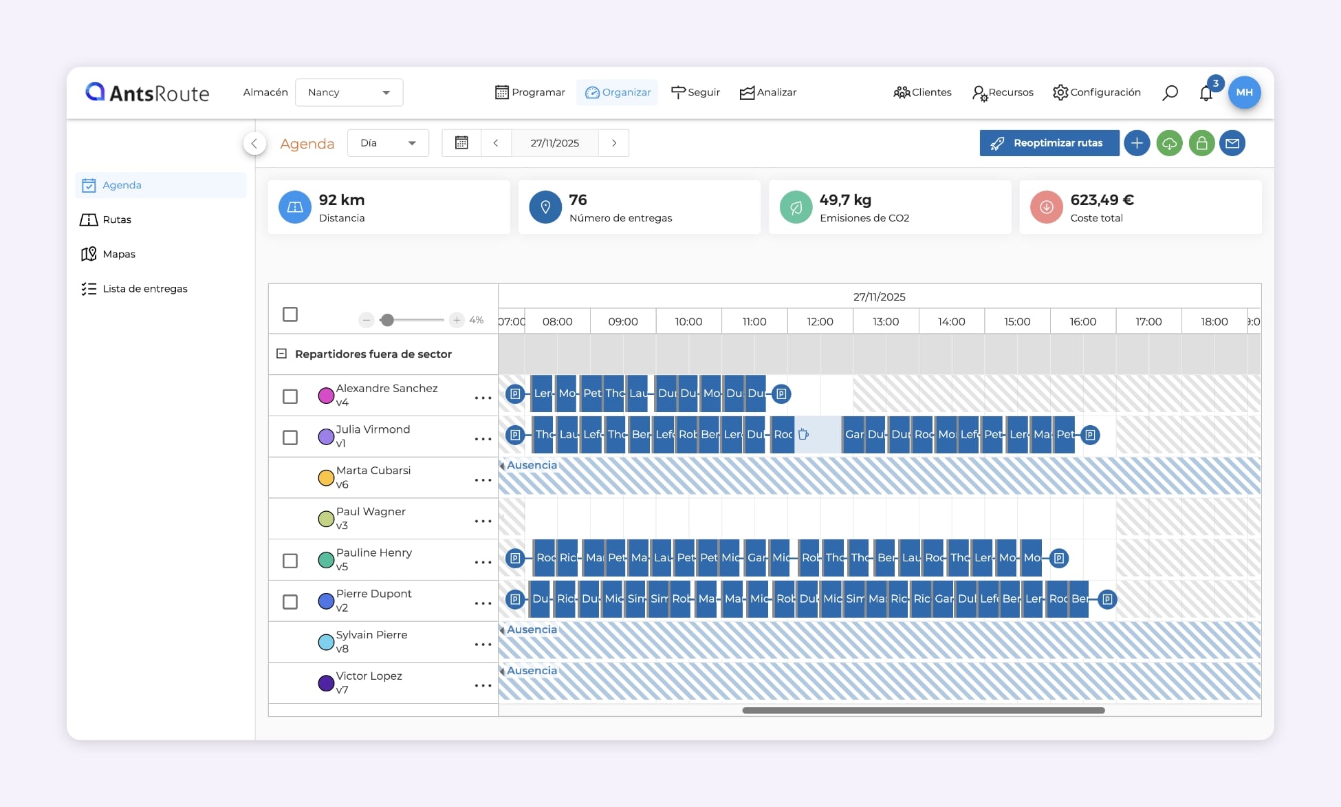 Interfaz de AntsRoute que muestra cuatro rutas de entrega equilibradas entre conductores.