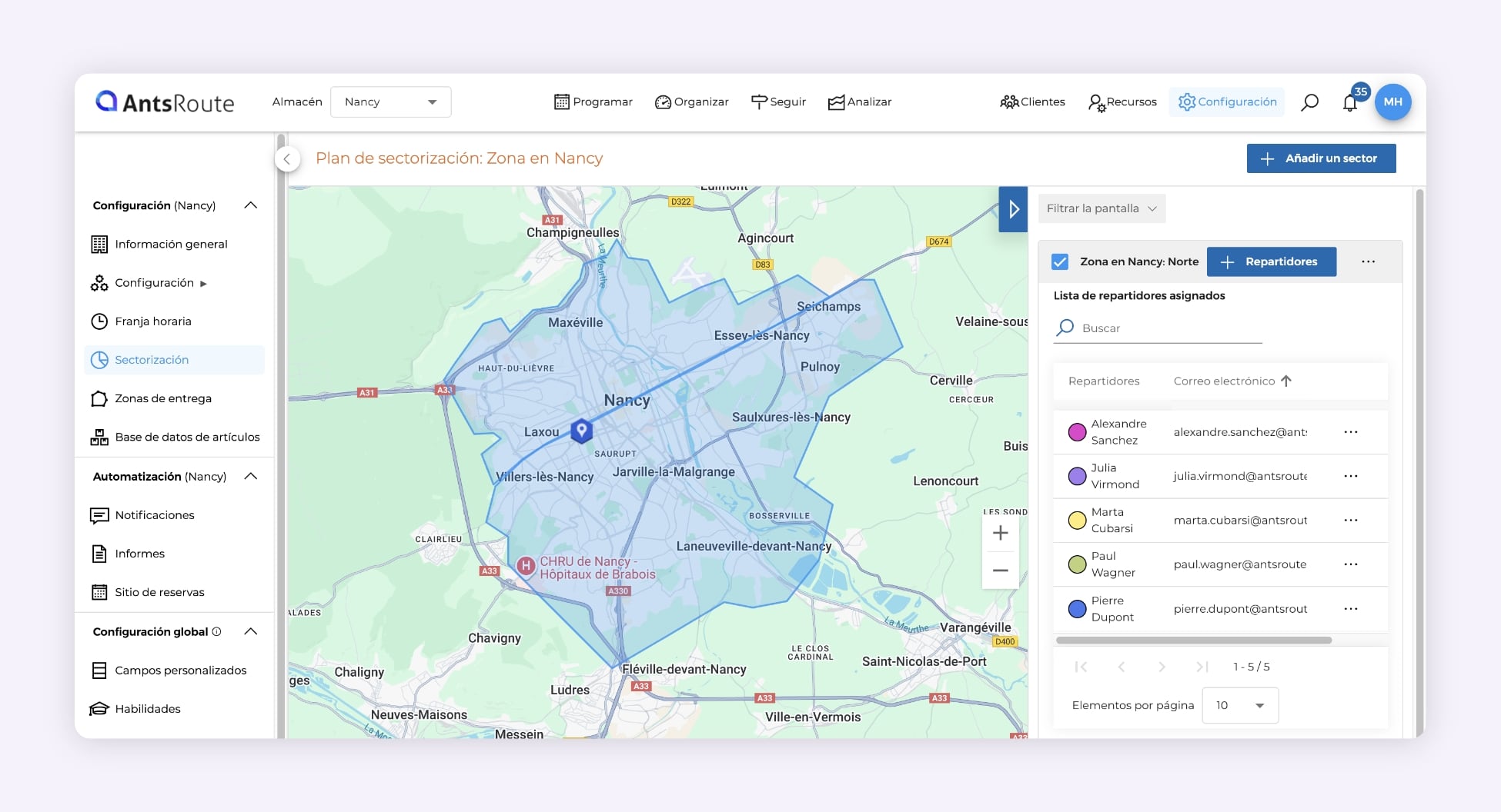 Captura de pantalla de AntsRoute que muestra la creación de dos zonas geográficas de entrega con asignación de conductores-repartidores a cada zona.