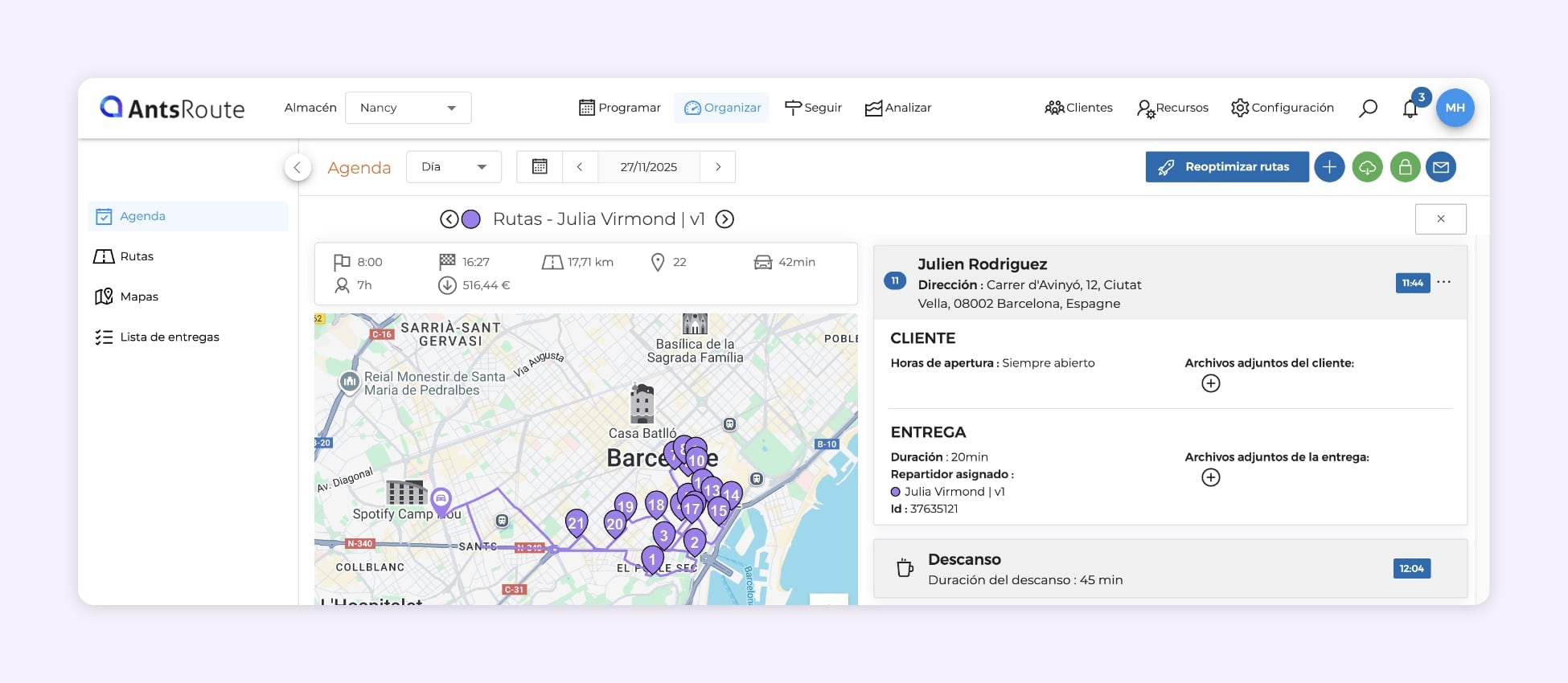 Captura de pantalla de AntsRoute que muestra una ruta de entrega que integra automáticamente la pausa del conductor en la optimización.