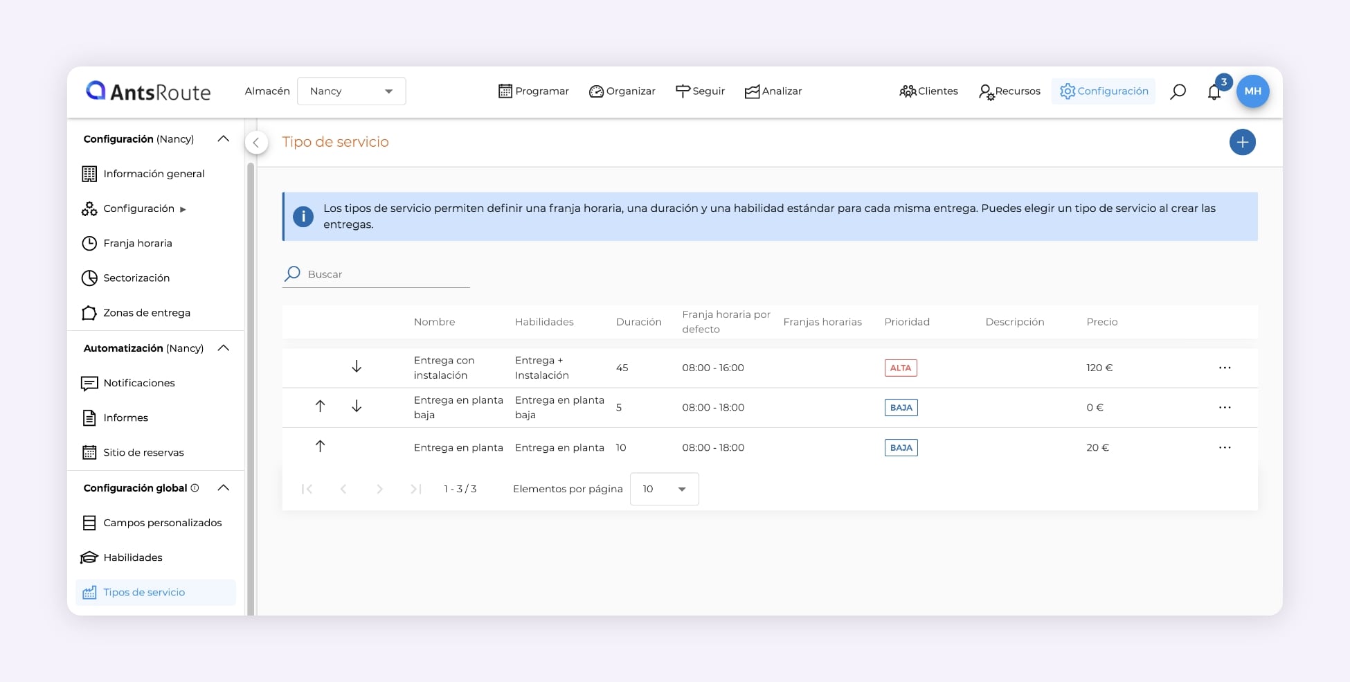 Captura de pantalla de AntsRoute que muestra la creación de tres tipos de entrega con la configuración de una duración de intervención para cada tipo.
