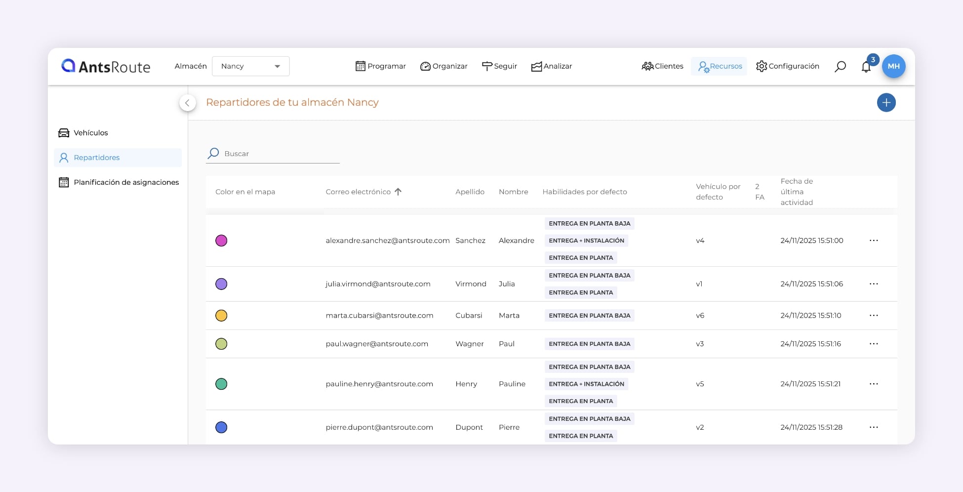 Captura de pantalla de AntsRoute que muestra la lista de conductores con las competencias asignadas a cada uno.