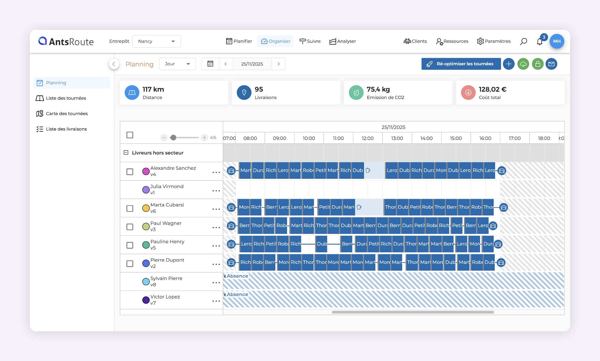 Interface AntsRoute montrant cinq tournées de livraison équilibrées entre chauffeurs.
