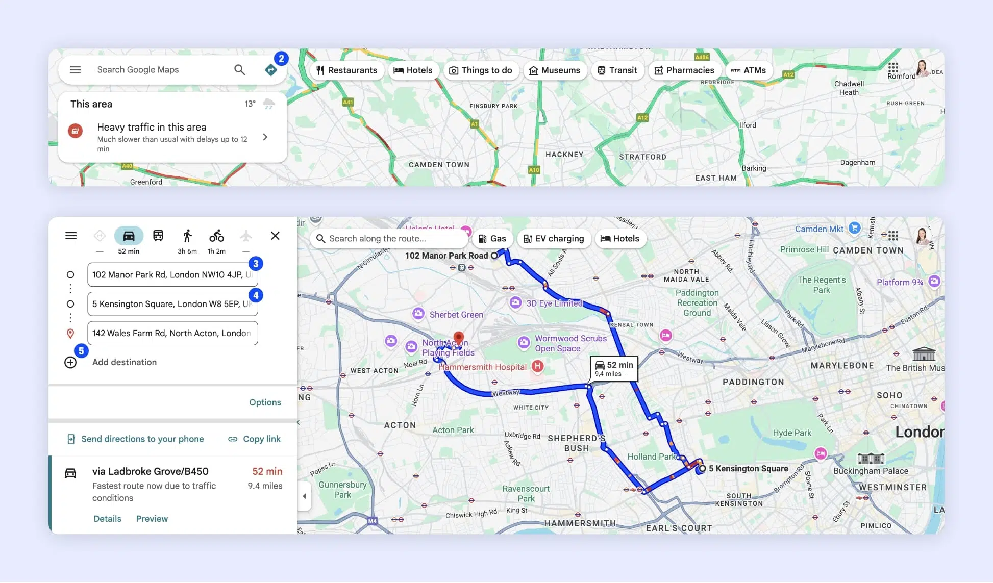 The Google Maps interface displaying the different steps involved in creating a route with multiple stops, represented by blue circles numbered according to the order of the stops.