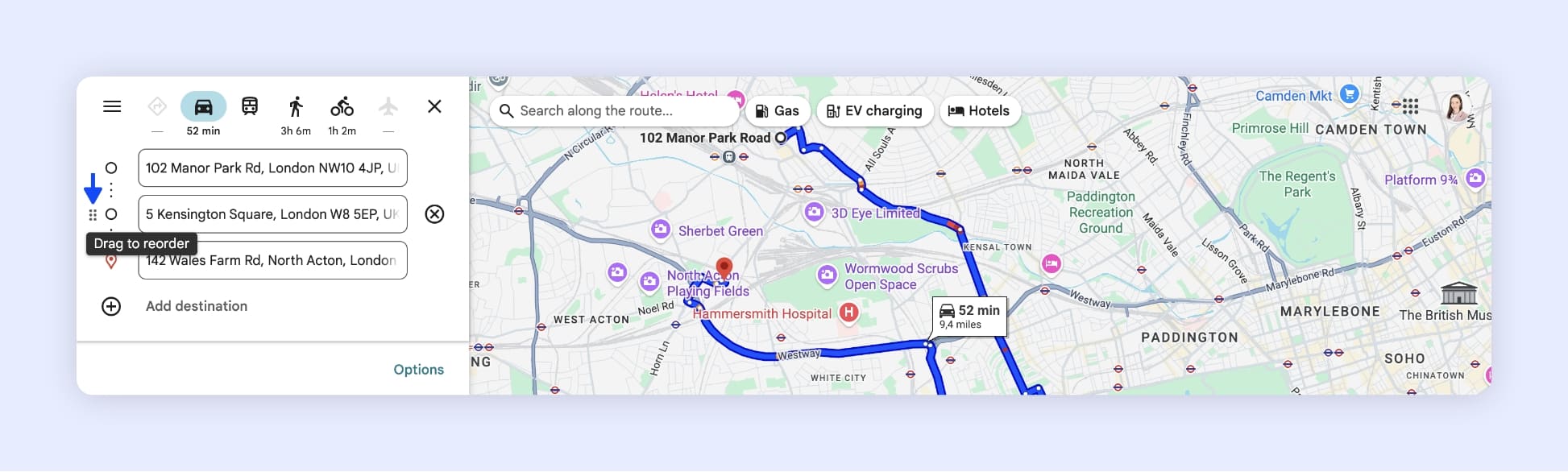 The Google Maps interface showing the reordering of stops in a route in London.