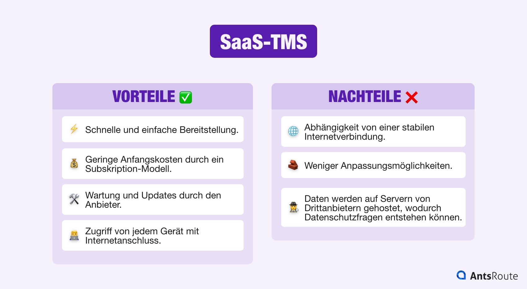Schema mit den Vor- und Nachteilen von TMS SaaS.