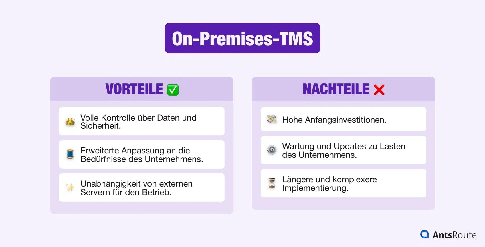 Schema mit den Vor- und Nachteilen von TMS On-Premises.