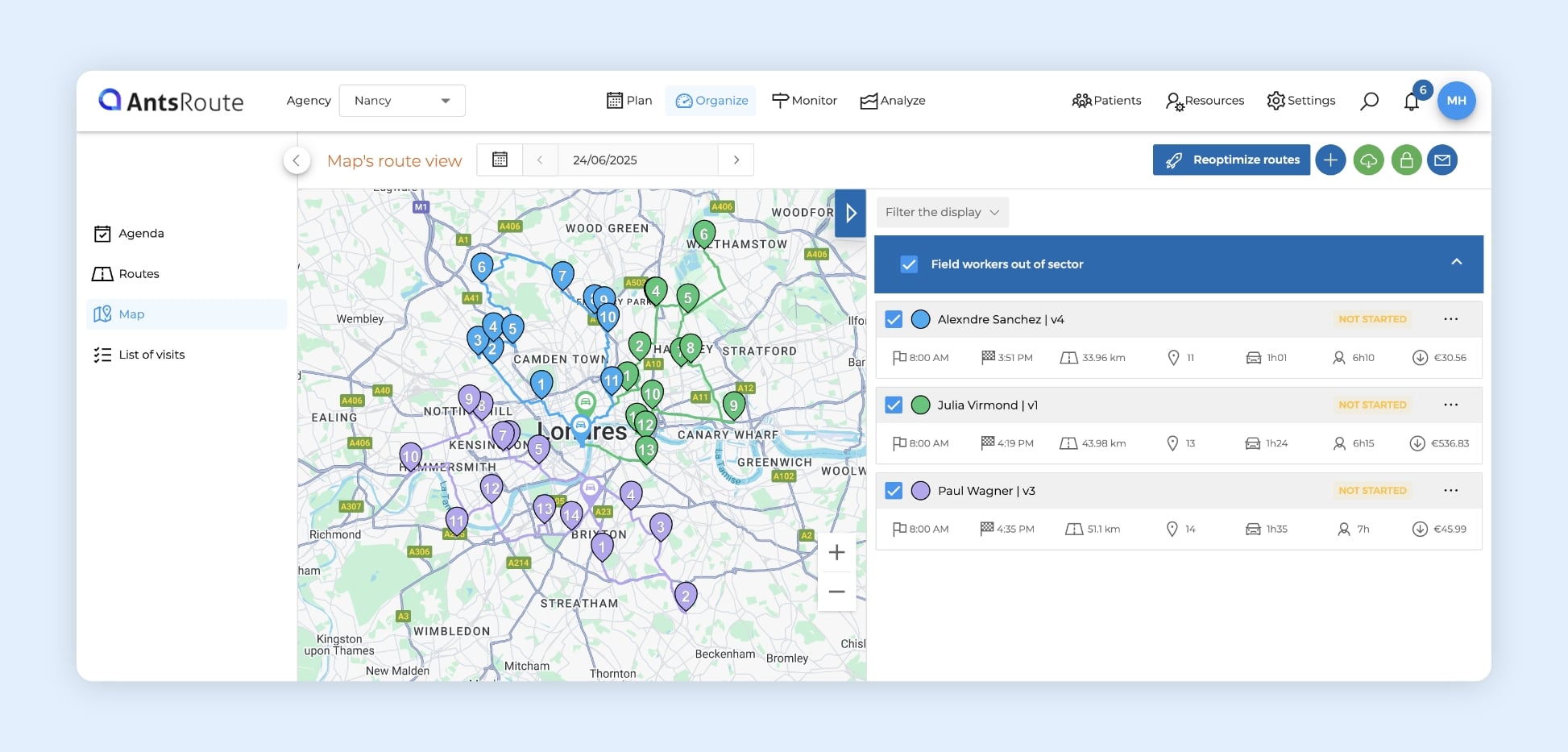The AntsRoute software interface showing the optimized routes of 3 district nurses.