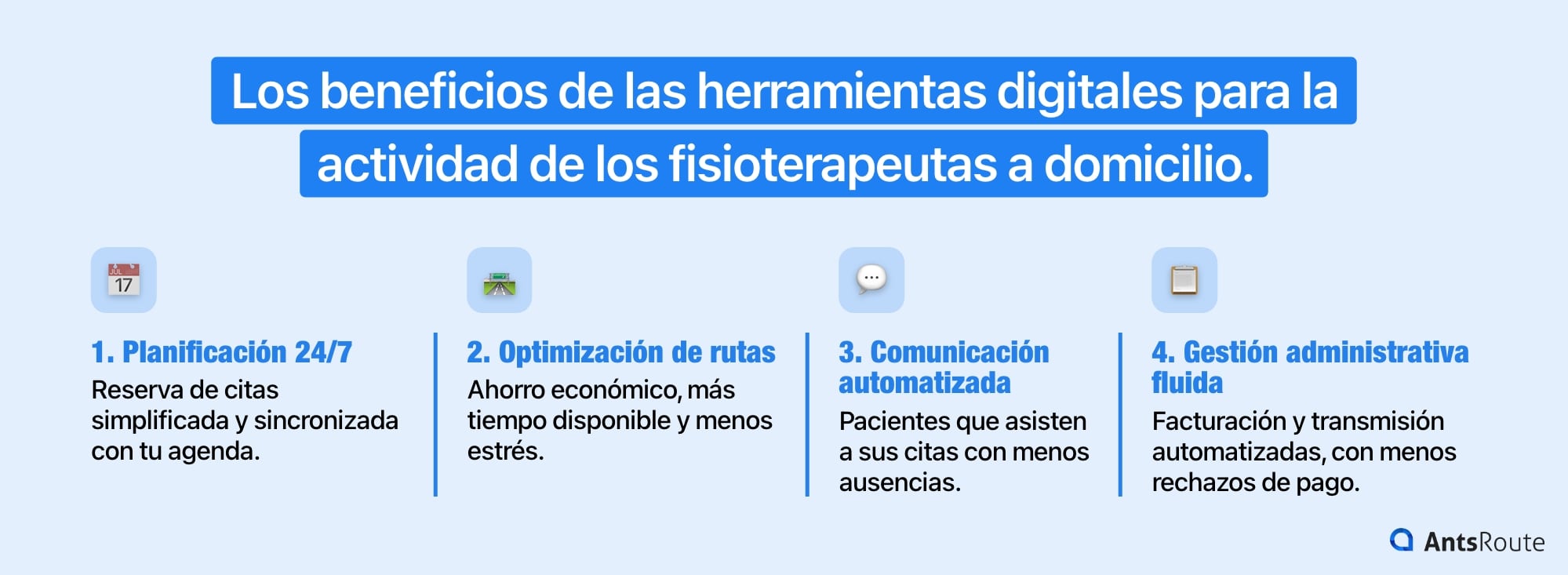 Esquema que muestra los beneficios de las herramientas digitales para las rutas de fisioterapia a domicilio.