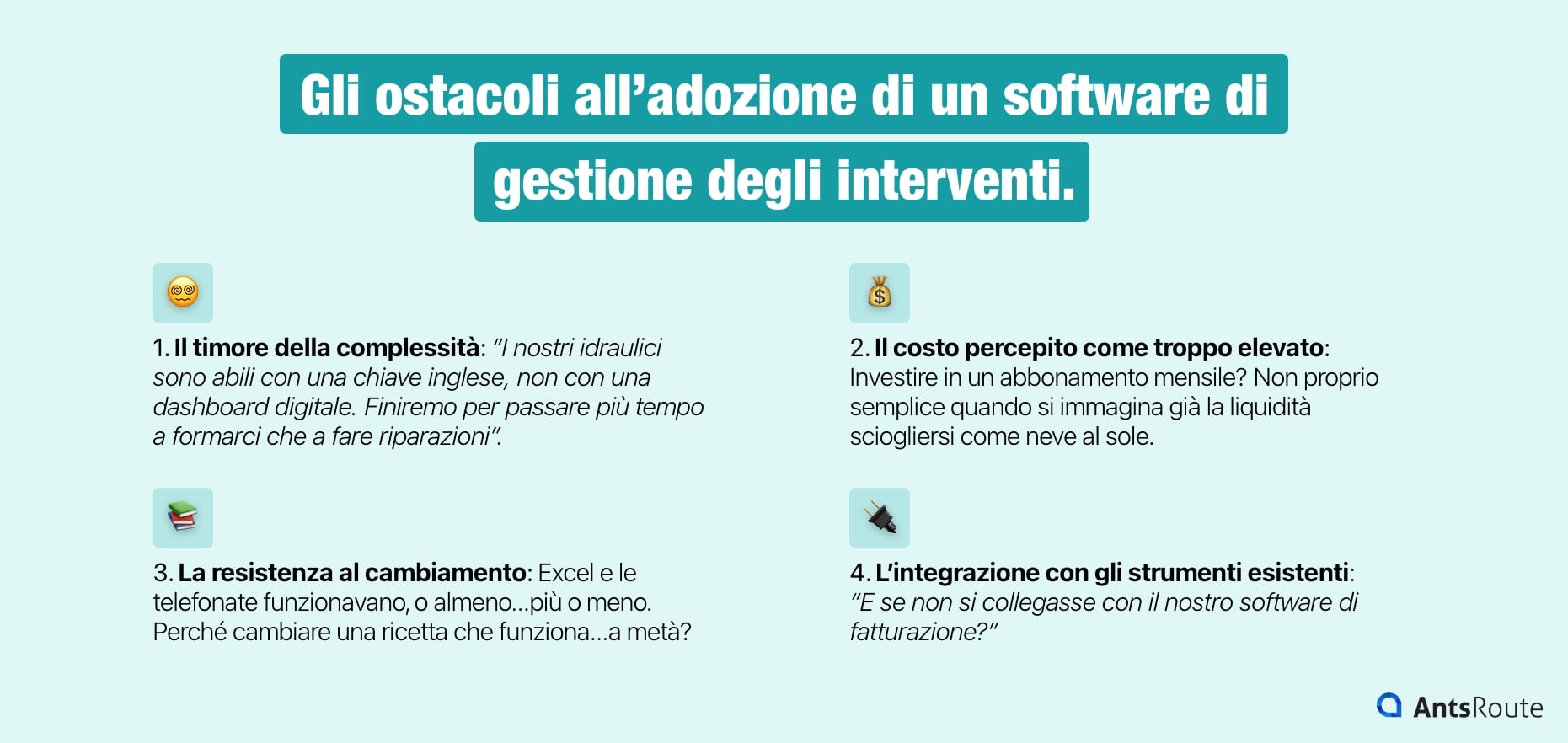Schema che presenta gli ostacoli all’adozione di un software di gestione degli interventi.