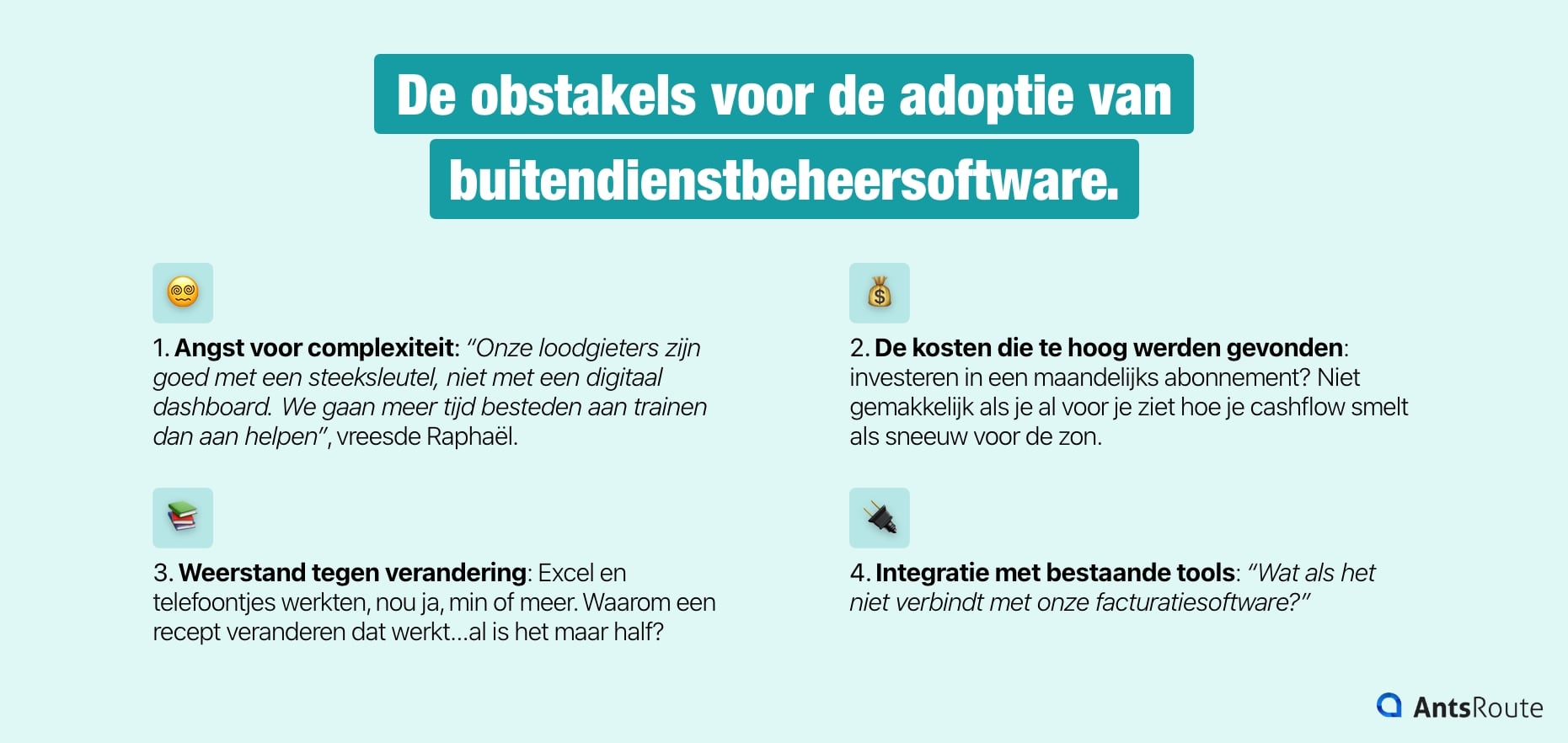 Schema met de belemmeringen voor de adoptie van buitendienstbeheersoftware.