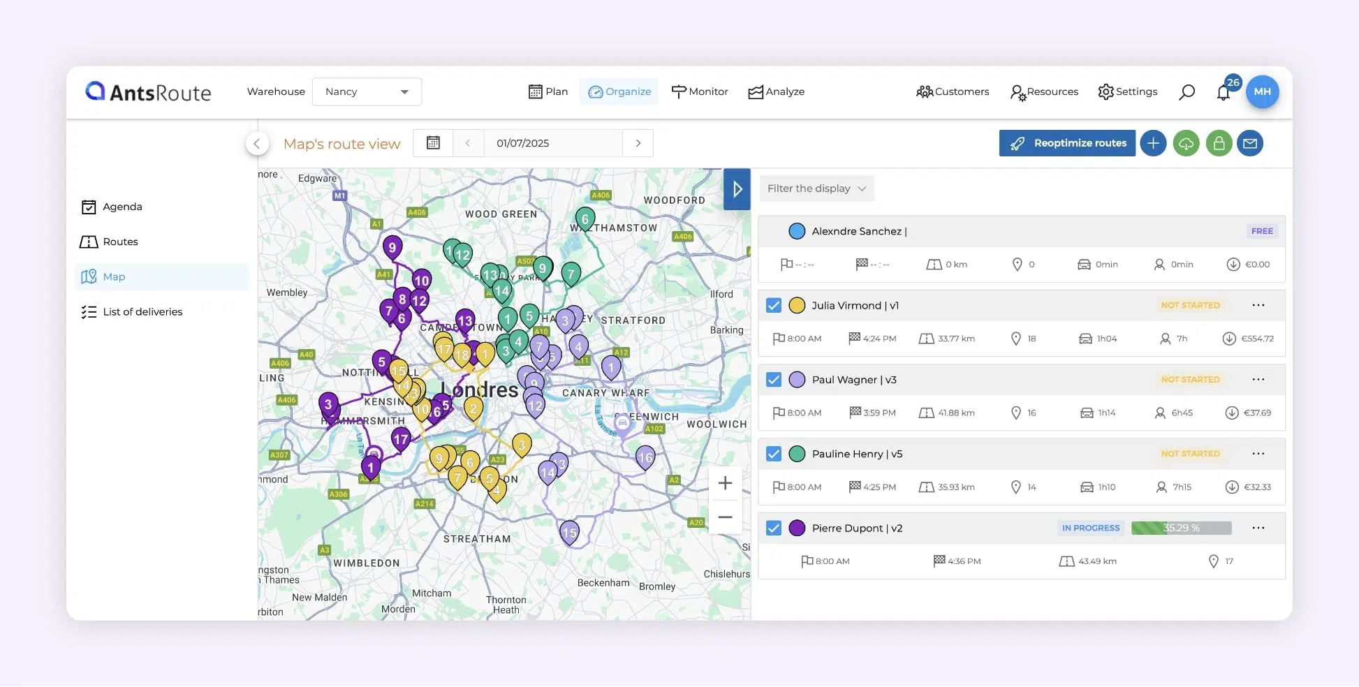 The AntsRoute route optimization software interface displaying four delivery routes on a map.