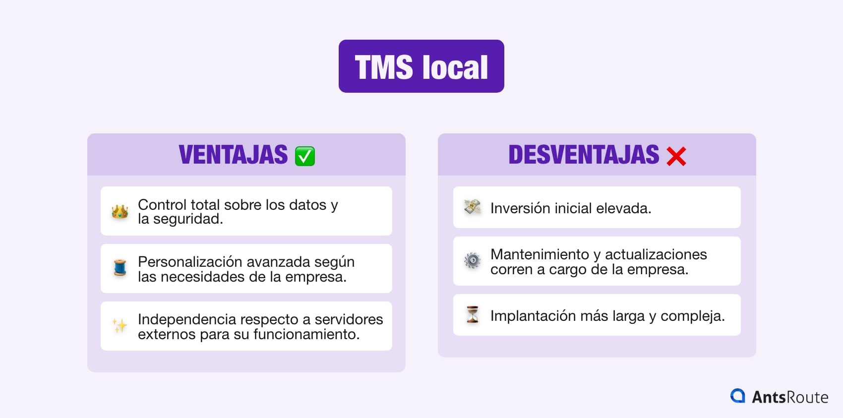 Diagrama que muestra las ventajas e desventajas del TMS en local.