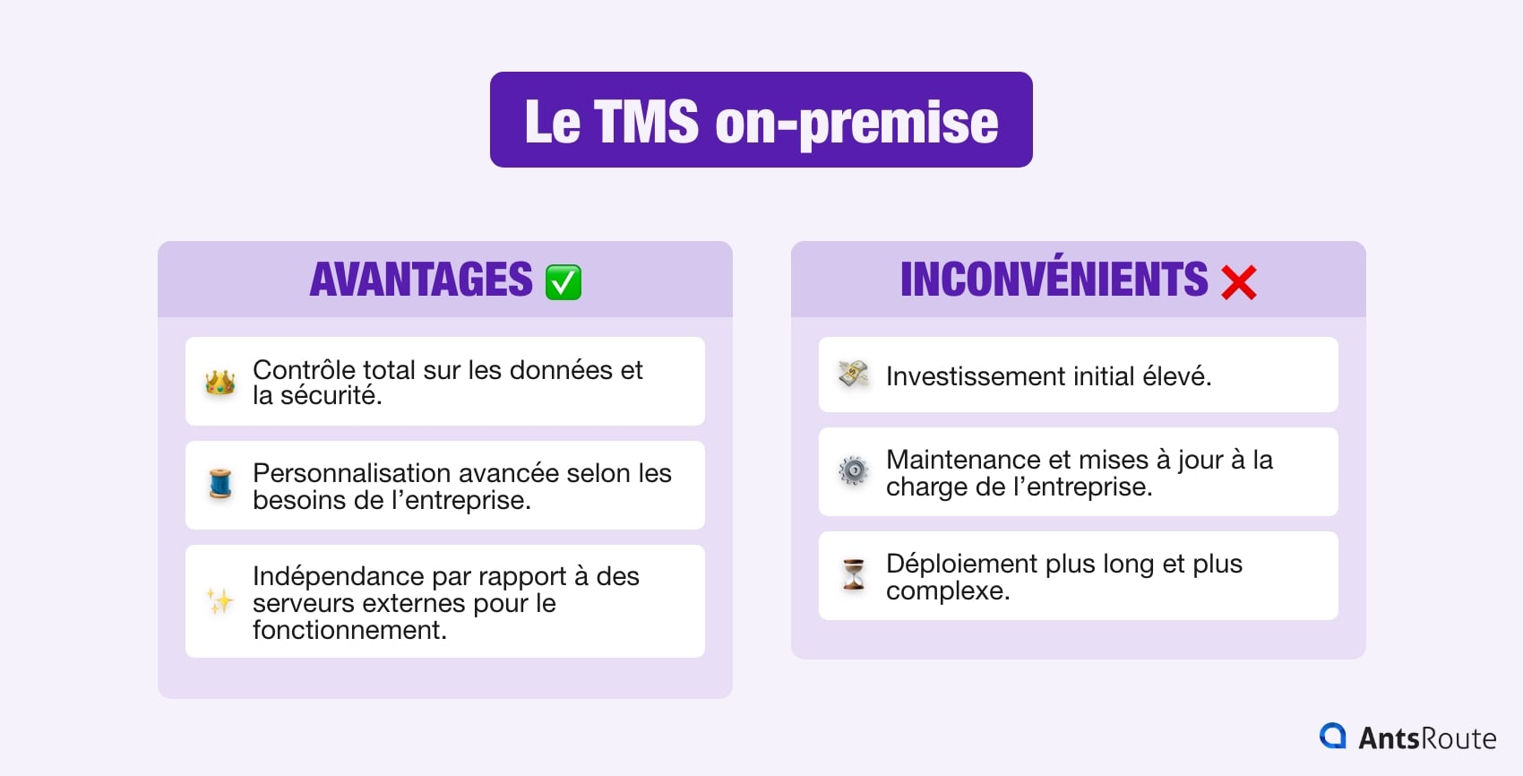 Schéma présentant les avantages et inconvénients du TMS on-premise.