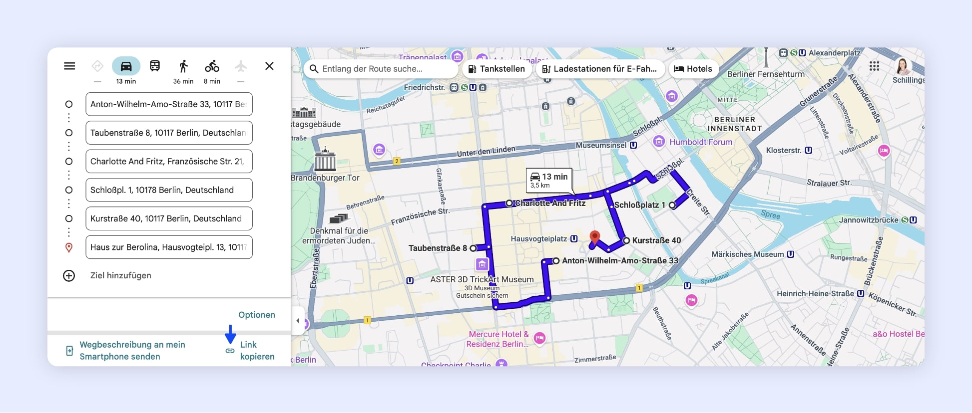 Die Google-Maps-Oberfläche zeigt das Teilen einer Route in Berlin, Deutschland.