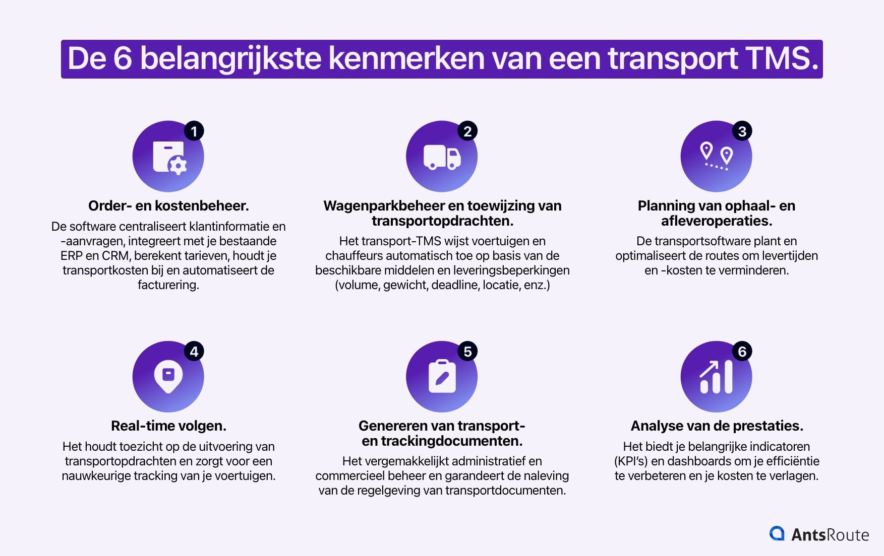 Diagram met de 6 belangrijkste kenmerken van een transport TMS.