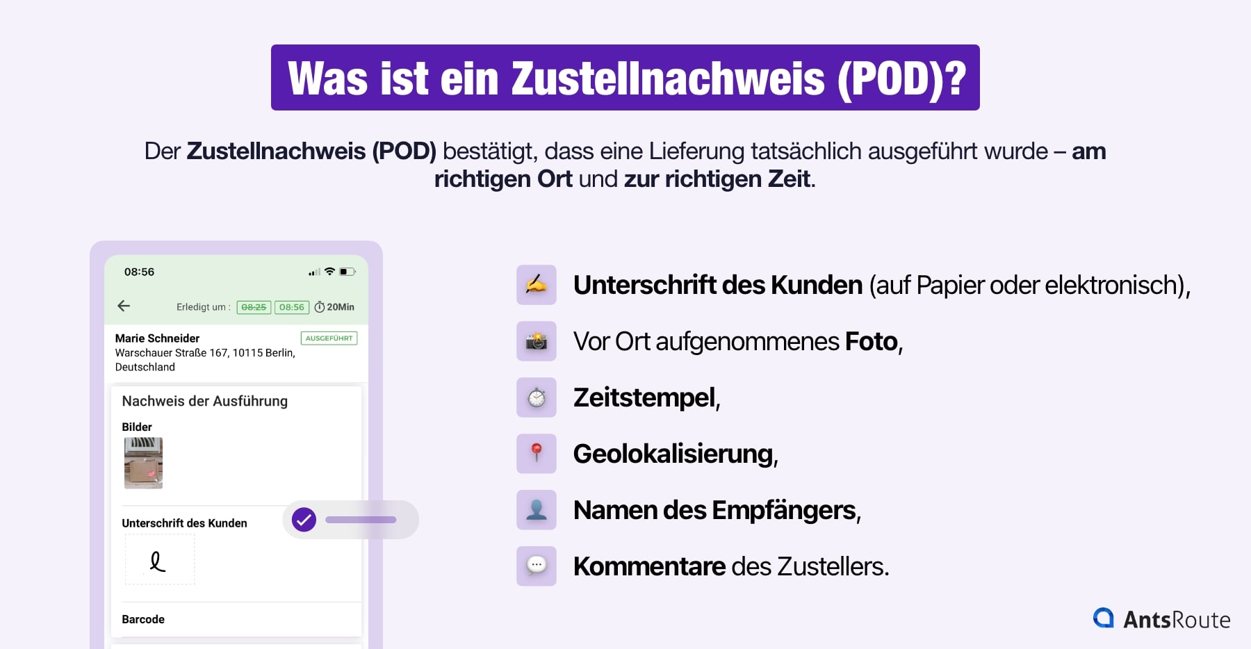 Die Elemente, aus denen ein Zustellnachweis besteht.