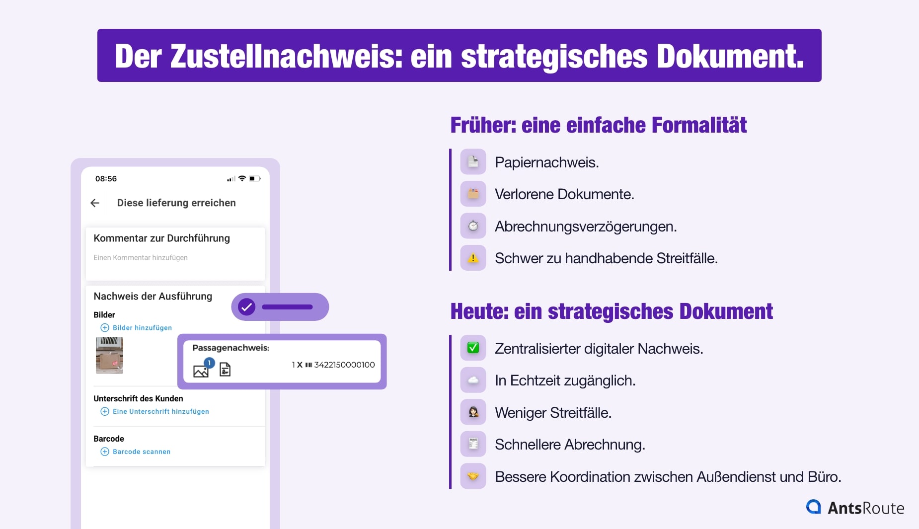 Infografik, die die Entwicklung des Zustellnachweises zeigt – von einer papierbasierten Verwaltungsvorschrift zu einem strategischen digitalen Dokument, das den Echtzeitzugriff ermöglicht, Streitfälle reduziert und die Rechnungsstellung beschleunigt.