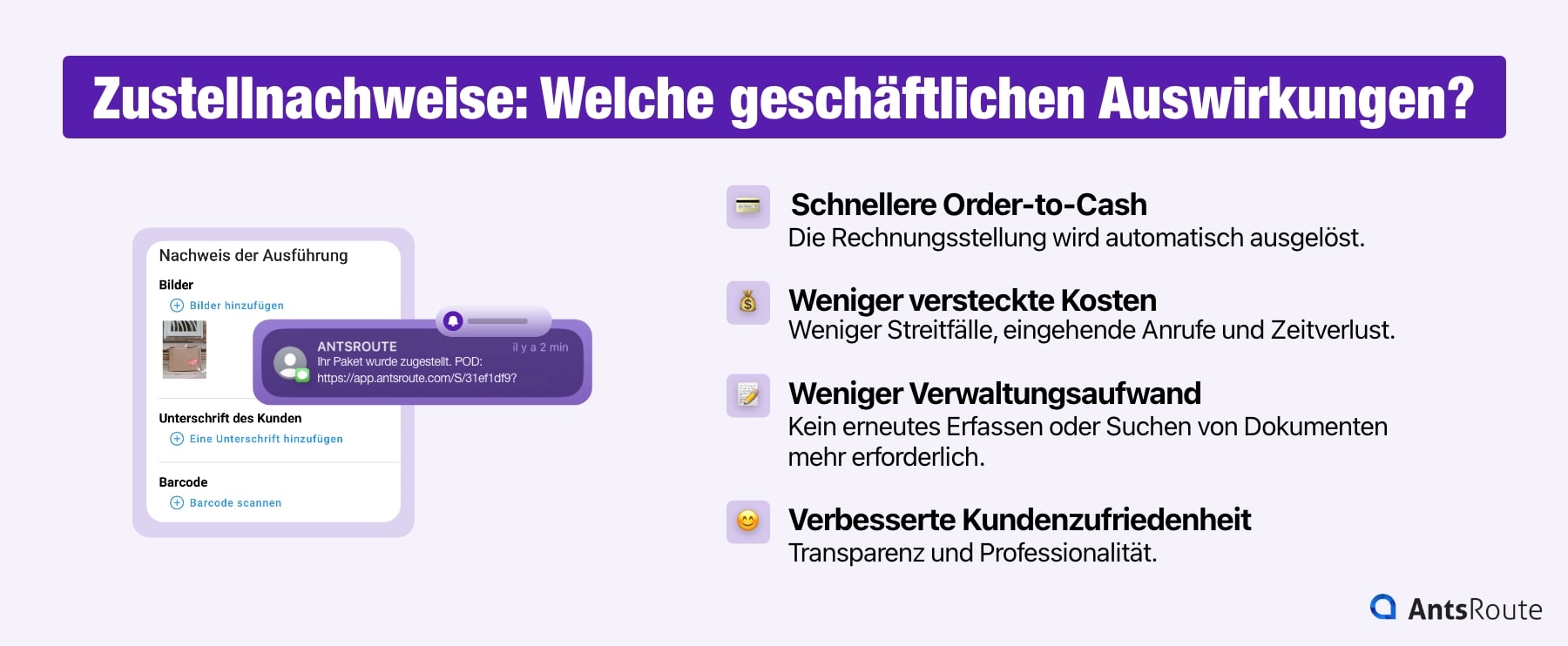 Infografik, die die geschäftlichen Auswirkungen von Zustellnachweisen darstellt: schnellerer Order-to-Cash-Prozess, Reduzierung versteckter Kosten, weniger administrative Aufgaben, höhere Kundenzufriedenheit.